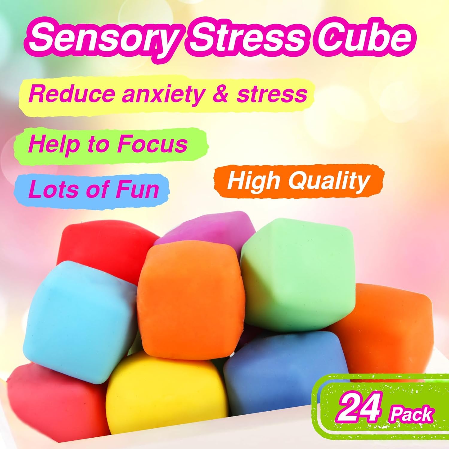 24 Pack Slow Rising Stress Cube , Dough Stress Balls Soft Fidget Squishy Toys for Anxiety Relief, Pull Stretch Classroom Prize Party Favors Toys for Kids - Image 4