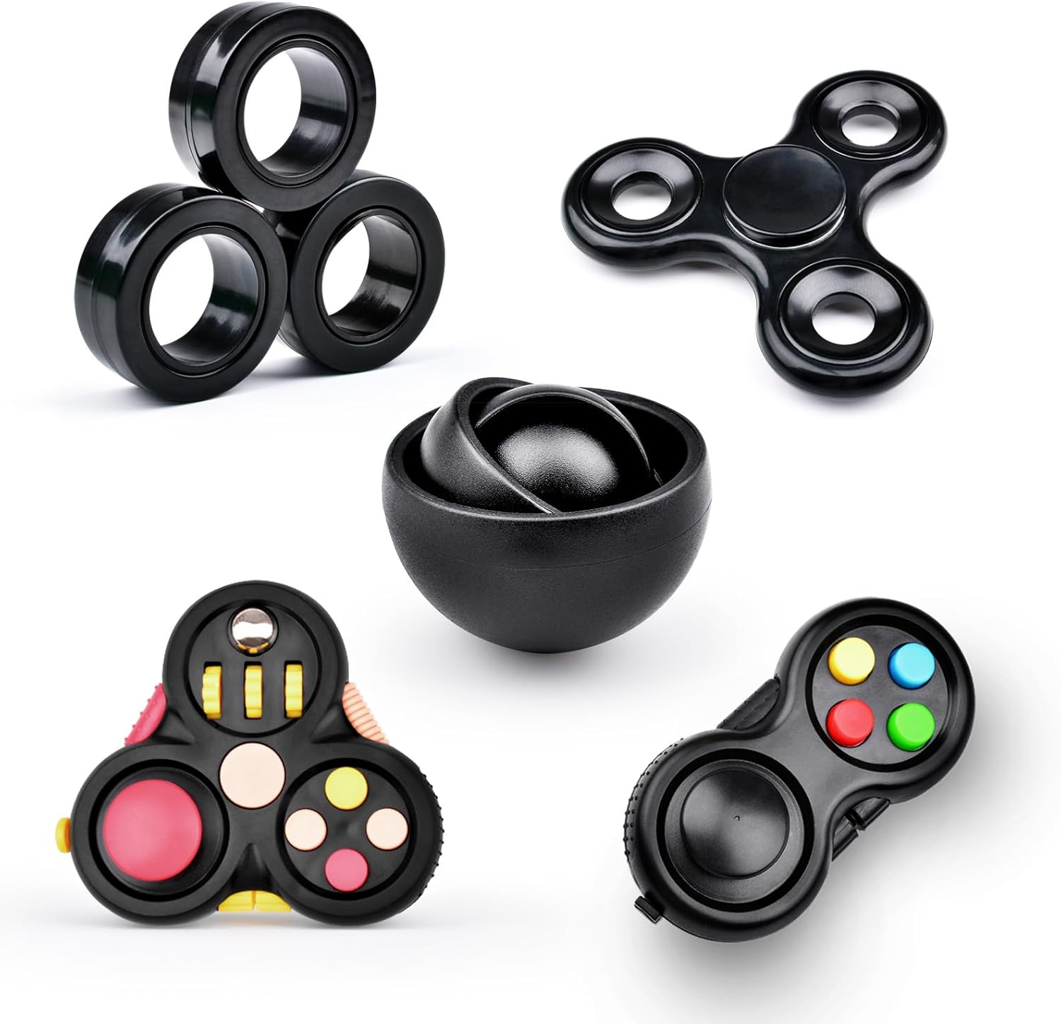 Fidget Toys Adults Pack 5Pcs,Fidget Spinner with Magnetic Rings Gyro,Fidget Controller Autism Sensory Toys,ADHD Stress Anxiety Desk Fidgets,Easter Basket Stuffers for Kids Teen Boys(BK) - Image 2