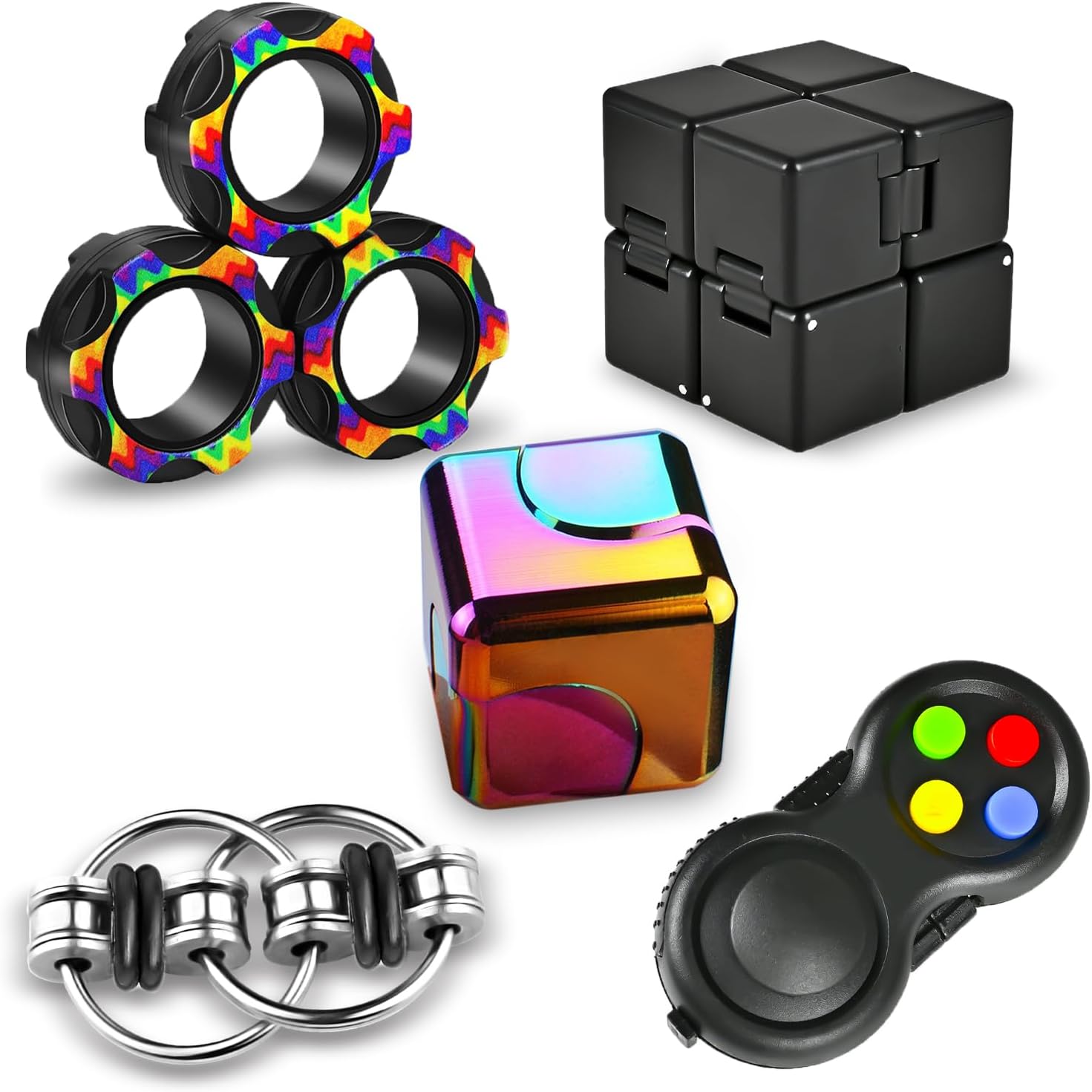 5 Pcs Fidget Toys Adults Set, EDC Cool Desk Gadgets Office Spinner Toys for Teen Kid with Metal Fidgets Infinity Cube Figits Ring Bike Chain ADHD Stress Anxiety Relief Gift for Boys Girls - Image 2