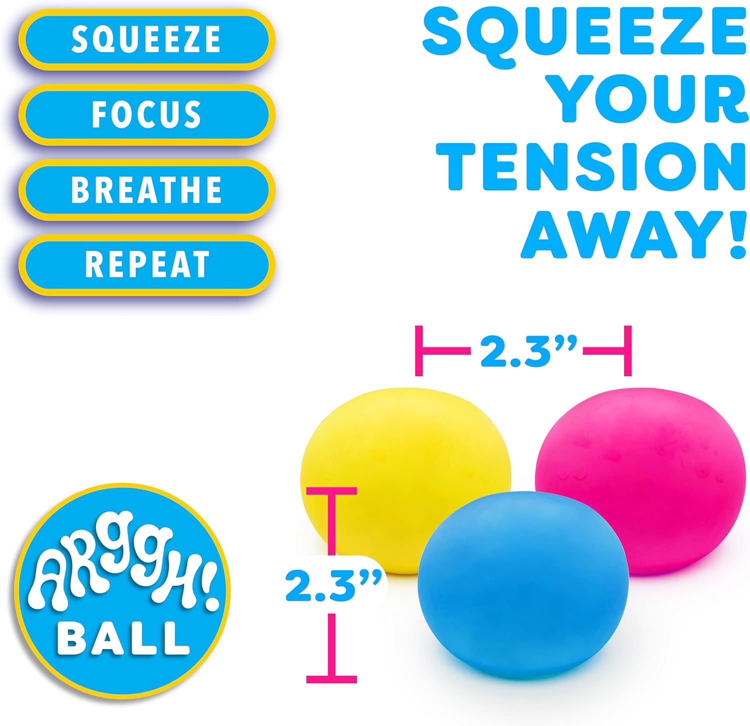 Power Your Fun Arggh Mini Stress Balls for Adults and Kids - 3pk Squishy Stress Balls, Color Changing Resistance Fidget Toys, Sensory Stress Relief Squeeze Toys Squishy Toy (Yellow, Pink, Blue) - Image 5