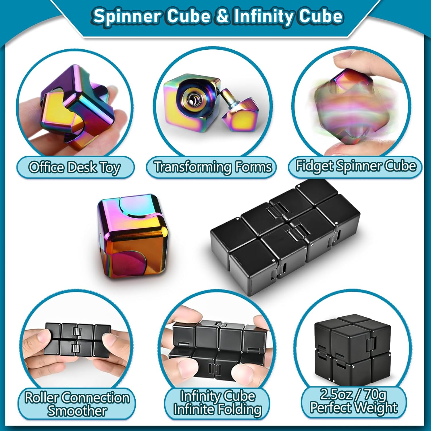 5 Pcs Fidget Toys Adults Set, EDC Cool Desk Gadgets Office Spinner Toys for Teen Kid with Metal Fidgets Infinity Cube Figits Ring Bike Chain ADHD Stress Anxiety Relief Gift for Boys Girls - Image 3