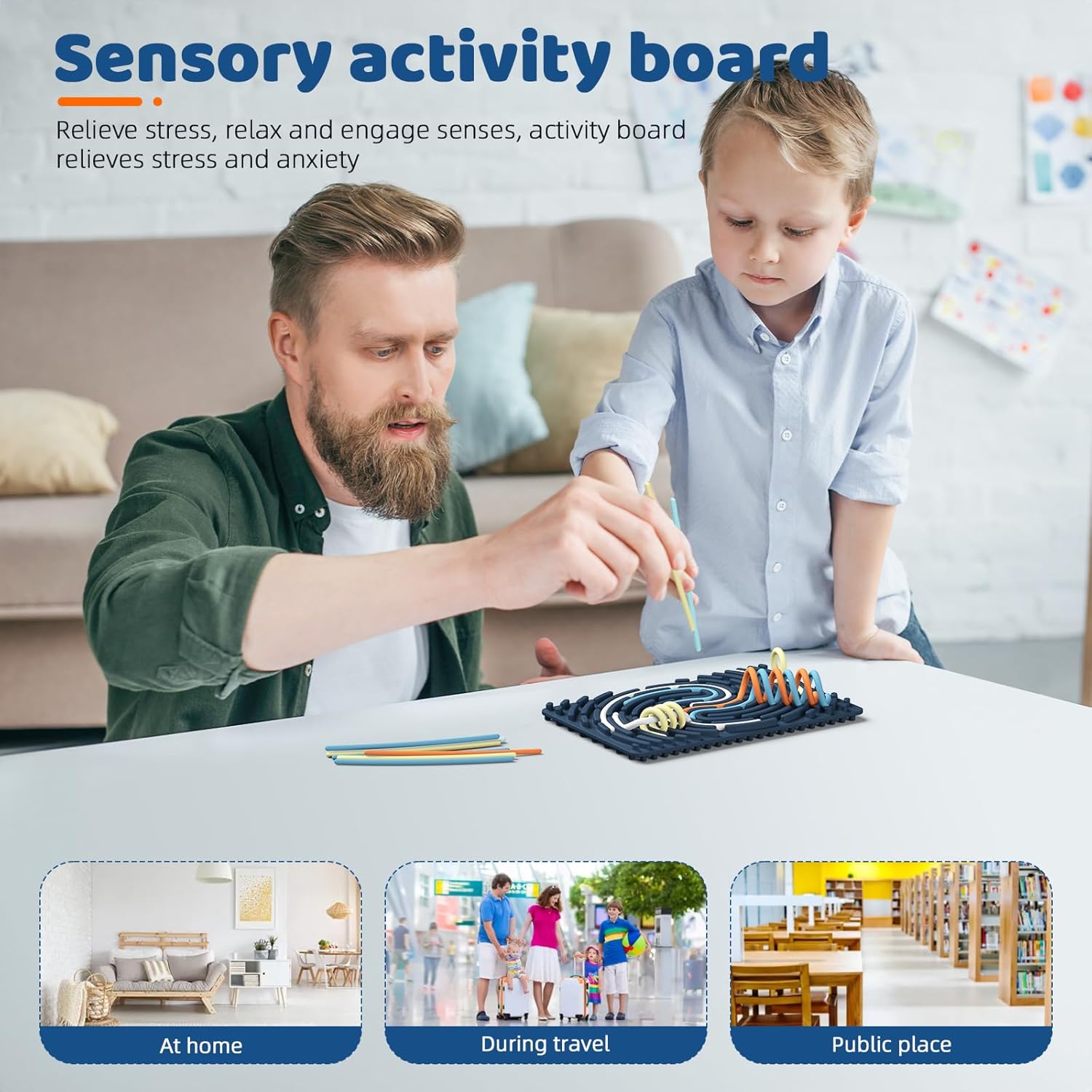 Sensory Activity Board: Ednzion Double-Sided Silicone Fidget Toy for Kids & Adults | Silent, No Mess, Calming for Anxiety, ADHD & Autism | Portable with Travel Bag & 20 Strings | Ages 3+ - Image 4