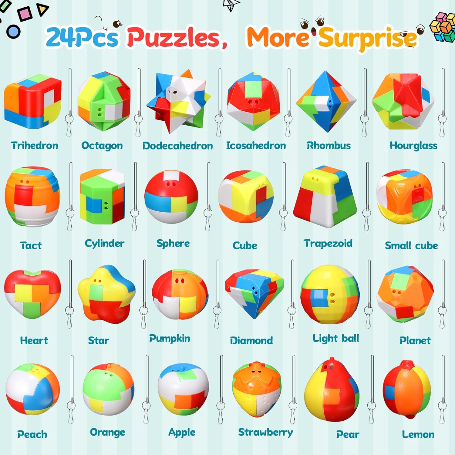 Syhood 24 Pieces Brain Teaser Puzzles for Kids and Adults Mind Game Toys Set,3D Plastic Unlock Interlock Puzzle,Cube,Ball, Barrel,Interlocking Sensory Educational Toys for Mind, IQ, Logic Test - Image 3