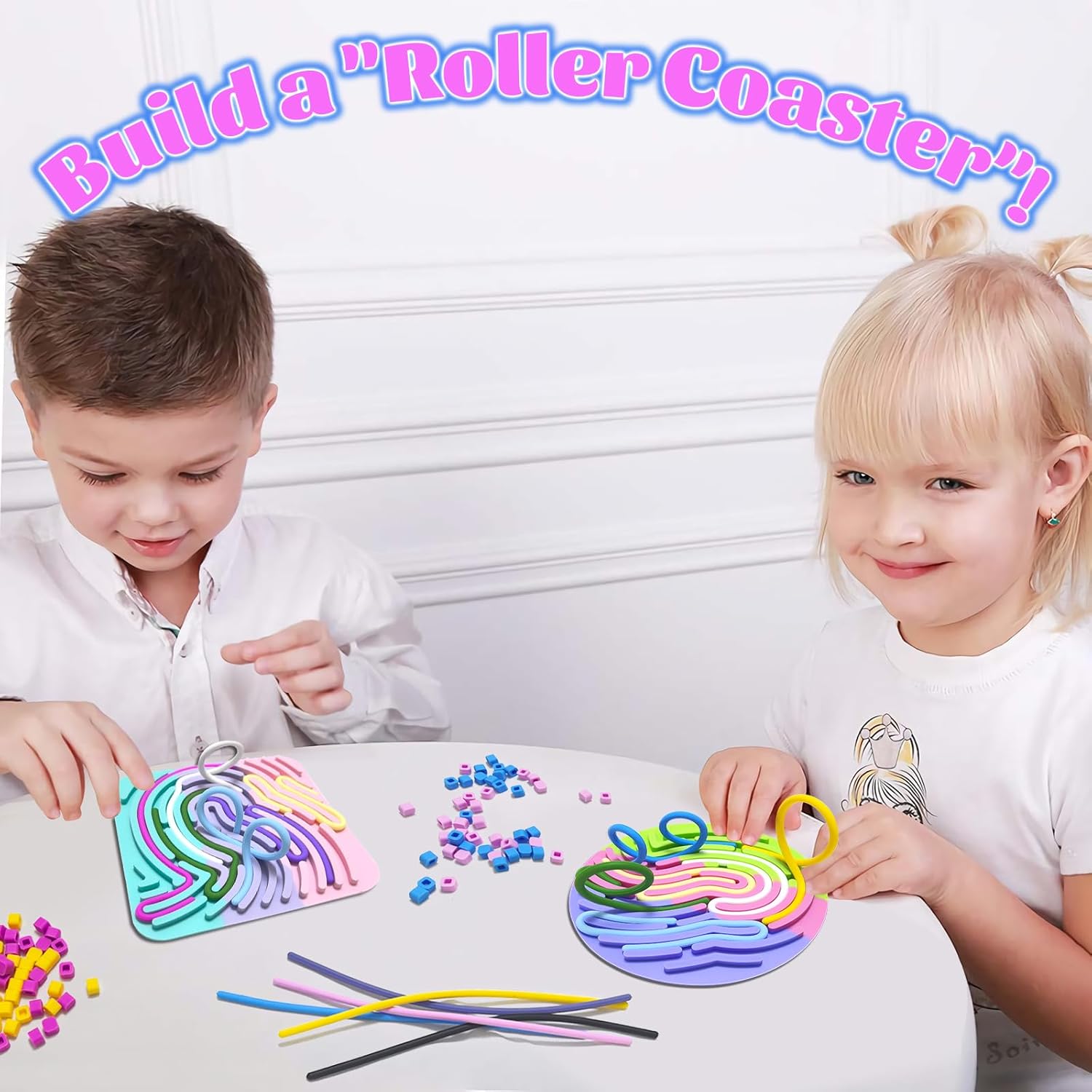 Sensory Activity Board for Kids, 2 Pack Silicone Fidget Toy Square+Round, Calm Down Toy for Stress Anxiety Autism ADHD, Xmas Birthday New Year Gifts for Kids 3+ with 22 Strings 50 Buttons - Image 4
