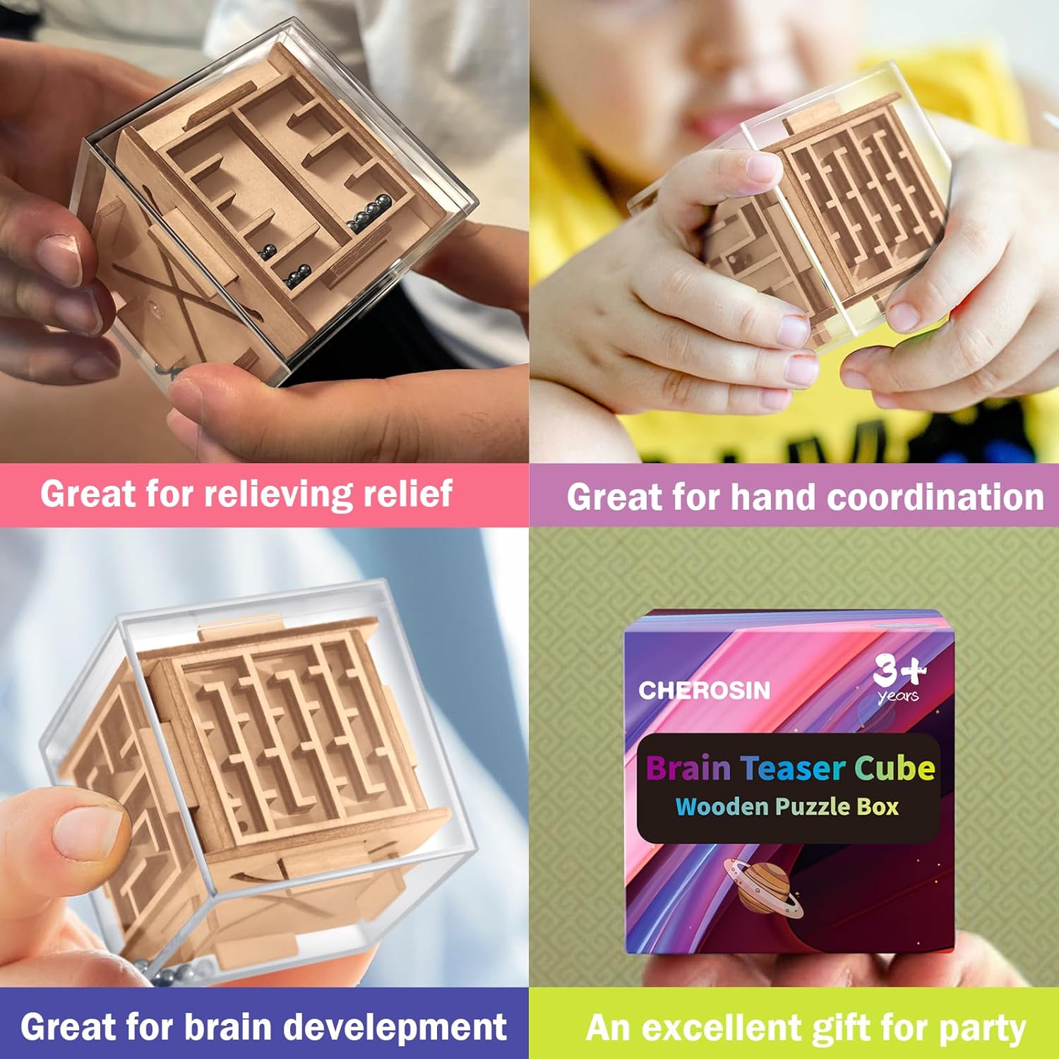 Fidget Puzzle Cube for Kids and Adults - 6-Sided Wooden Puzzle Game Fidget Toy for Anxiety Relief - Handheld Maze Cube for Travel - 3D Brain Teaser Magic Cube for ADHD Autism Kids & Teenage - Image 7