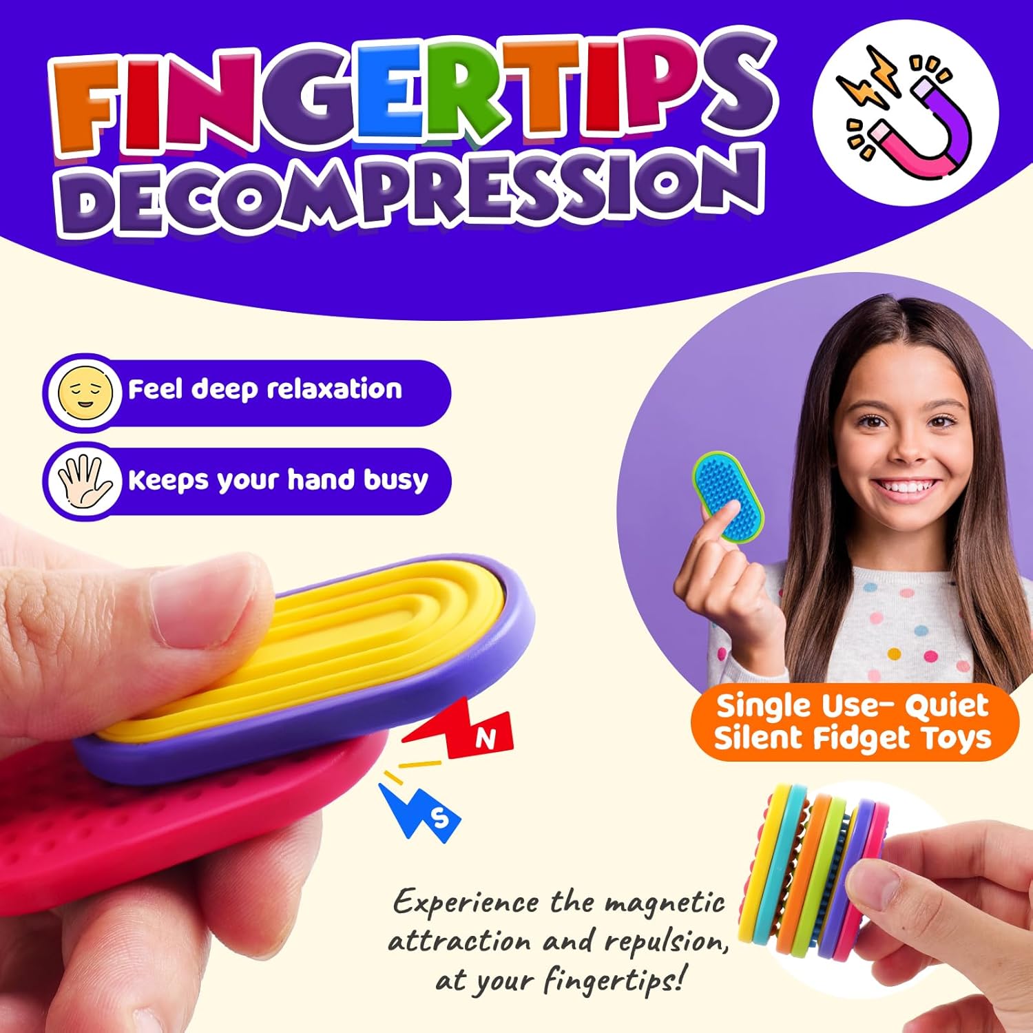 Sensory Fidget Magnet Toys for Kids: Textured Silicone Magnetic Sliders Stress Fidgets for Autism Calming, Anxiety Relief Fun Small Fidget Toys for Adults Office Desk / Travel Classroom Must Haves - Image 3
