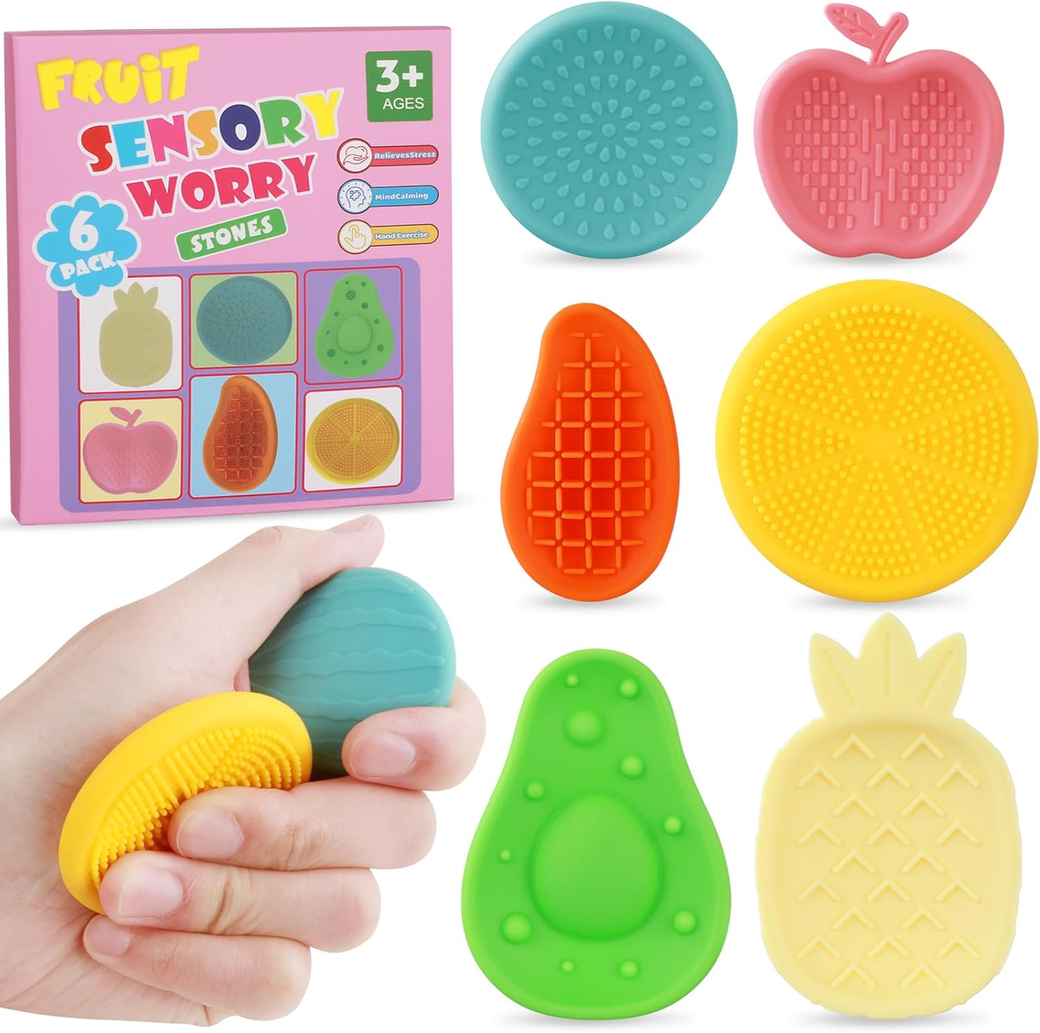 Fidget Toys Sensory Stone for Kids: 6 Pack Textured Worry Stone for Autism Calming Down, Fruit Silicone Textured Worry Stones for Autism Kids - Stress Toys for Students Anxiety Relief - Image 2