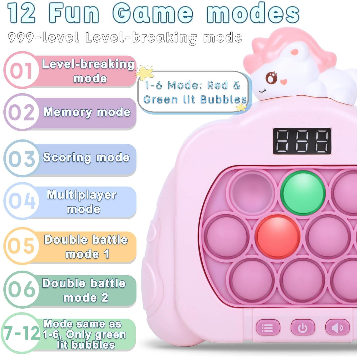 Quick Push Pop Game Fidget Toys, 12 Modes LED Screen Light Up Fast Push Bubble Game, Handheld Speed Pushing Game, Christmas Toys Gifts for 6 7 8 9 10 11 12 Years Old Kids Stocking Stuffers (Unicorn) - Image 3