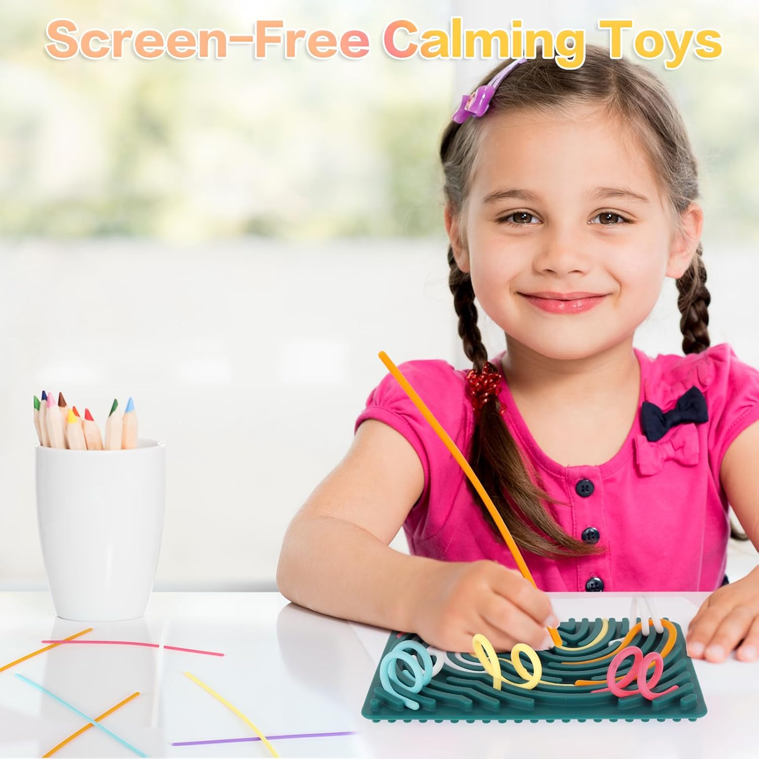Sensory Activity Board, Silicone Fidget Toy for Stress Relief, Calming, Focus, ADHD and Autism, 6 Colors Sensory Toys Game Controller for Kids 2+ & Adults with 20 Strings - Image 6