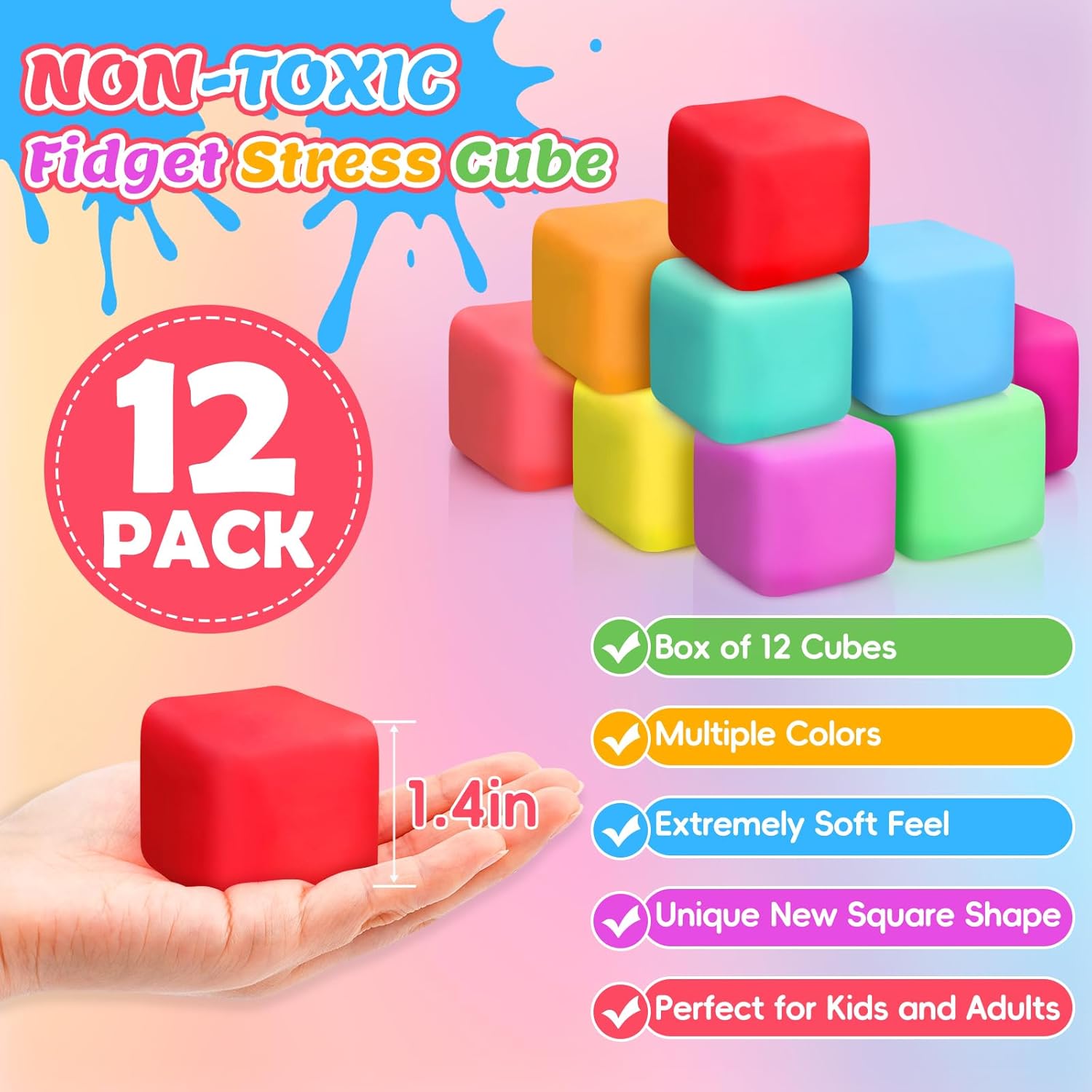 12 Pack Slow Rising Stress Cube, Dough Stress Balls Squishy Fidget Toys for Anxiety Relief, Soft Fidget Cube, Pull Stretch Squishy Toys for Classroom Prize, Party Favors for Kids Adults - Image 3
