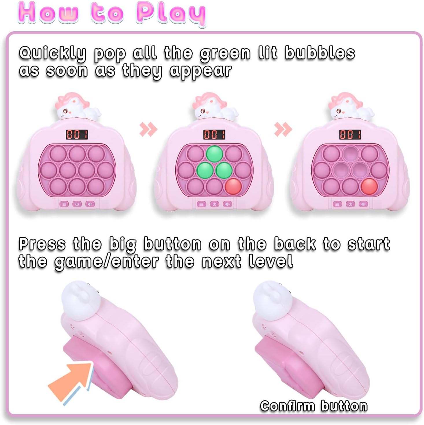 Quick Push Pop Game Fidget Toys, 12 Modes LED Screen Light Up Fast Push Bubble Game, Handheld Speed Pushing Game, Christmas Toys Gifts for 6 7 8 9 10 11 12 Years Old Kids Stocking Stuffers (Unicorn) - Image 6