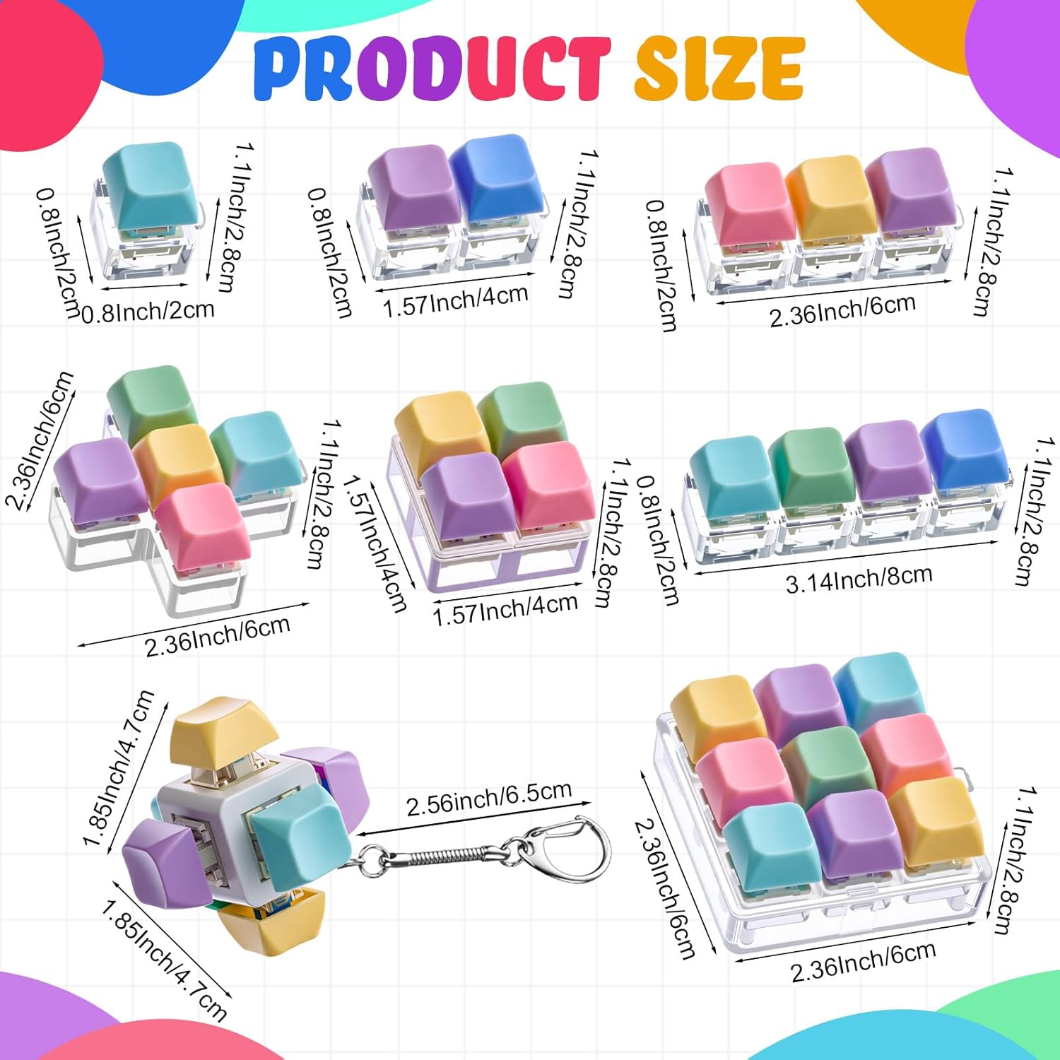 12 Pcs Decompression Toys Keyboard Clicker Toy Fidget Keyboard Keychain Button Stress Relief Gifts for Adults and Kids Office Pass Time(Classic) - Image 3