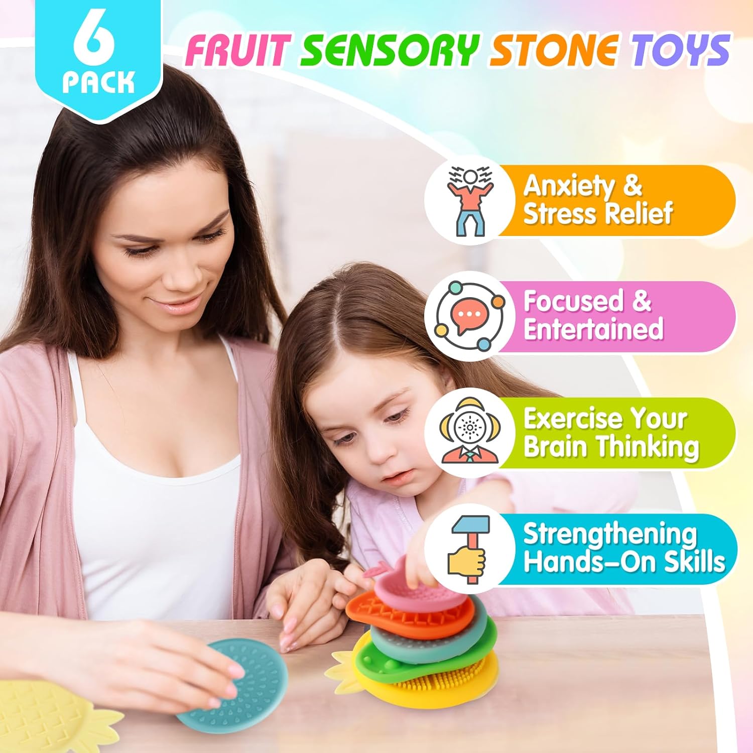 Fidget Toys Sensory Stone for Kids: 6 Pack Textured Worry Stone for Autism Calming Down, Fruit Silicone Textured Worry Stones for Autism Kids - Stress Toys for Students Anxiety Relief - Image 3