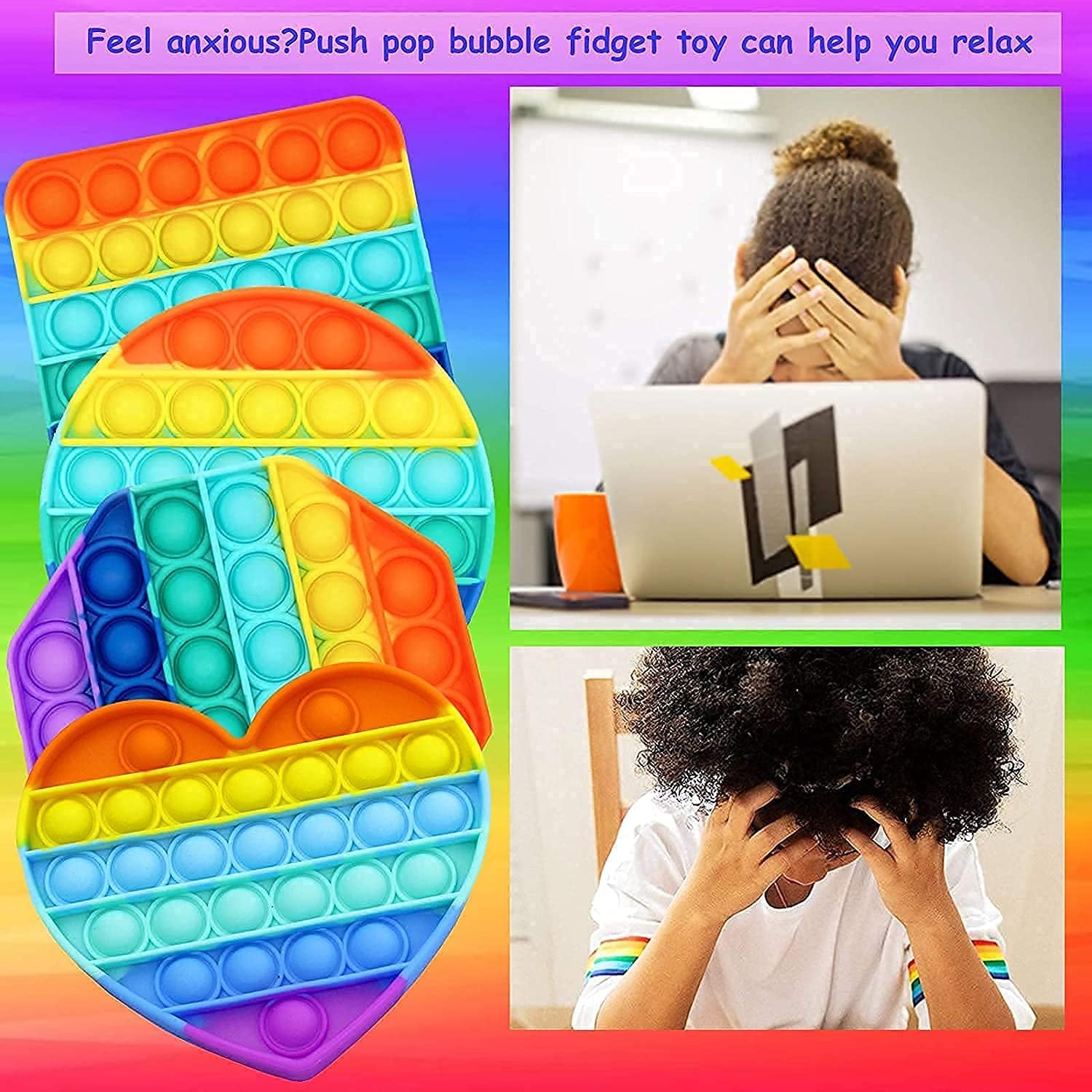 Multipurpose 4 Pack Rainbow Pop it Fidget Toy, Bubble Sensory Toy for Kids and Adults, Stress Reliever, 4 Shapes Poppers-Heart, Circle, Octagon, Square Pressure Relieving - Image 3