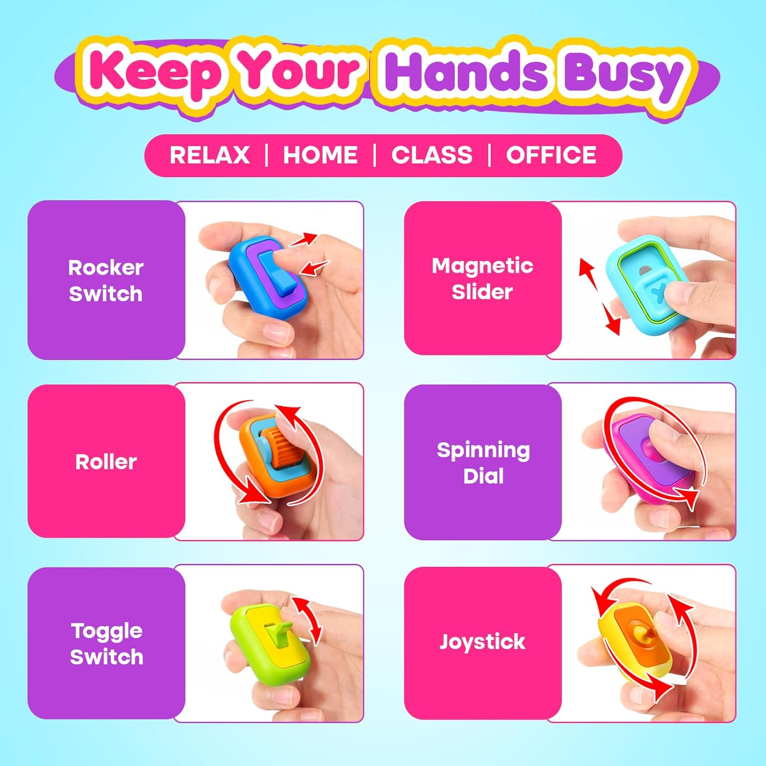Sensory Fidget Toys for Kids Adults: 6 Pack Multi-Functional Fidgets Stress Relief Cubes, Autism Sensory Toys Pack with Roller, Magnetic Slider, Joystick- Desk Fidget Toys for Classroom Prizes Office - Image 8