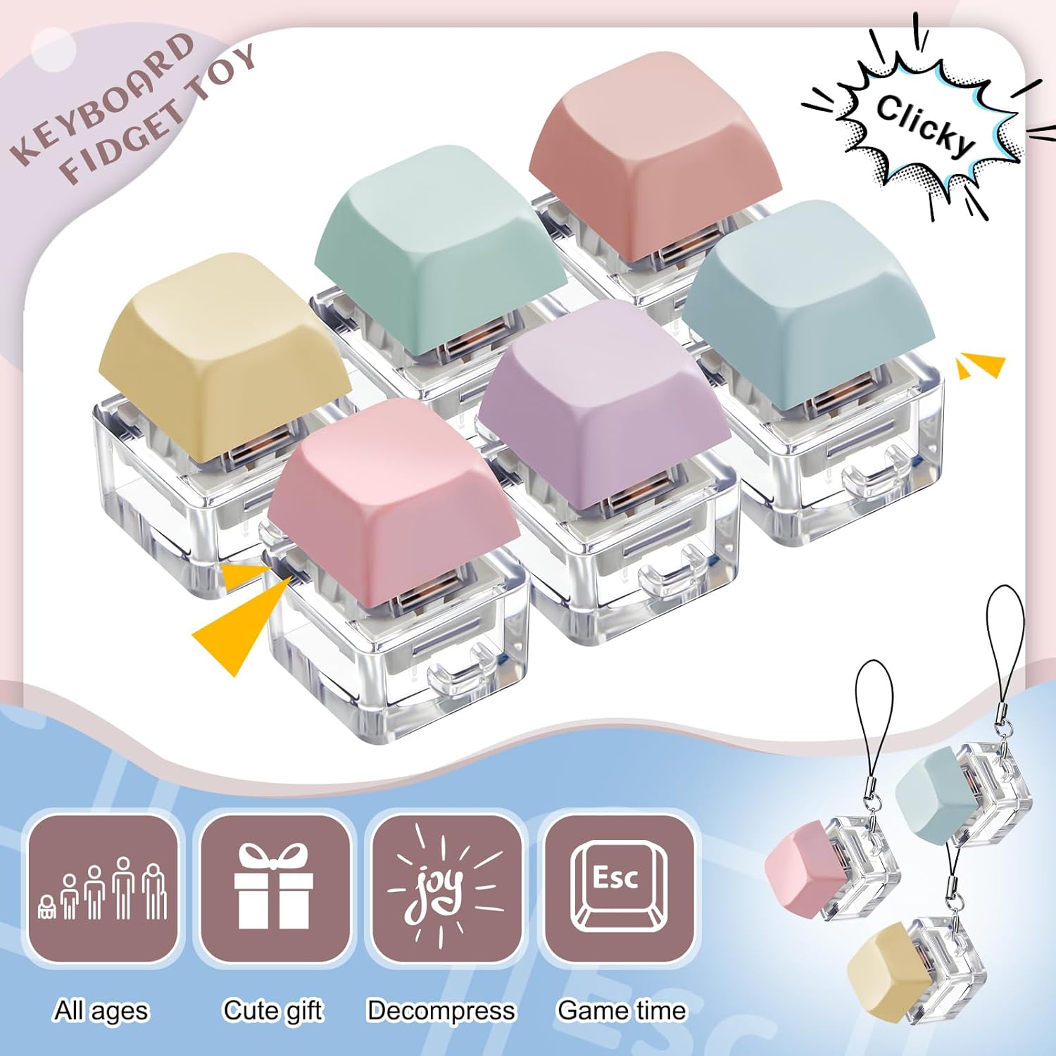Taiyin 6 Pcs Keyboard Fidget Toy Fidget Clicker Keyboard Keychain Decompression Toys Button Stress Relief Gifts for Adult to Relief Stress Pass The Time(Macaron Colors) - Image 4