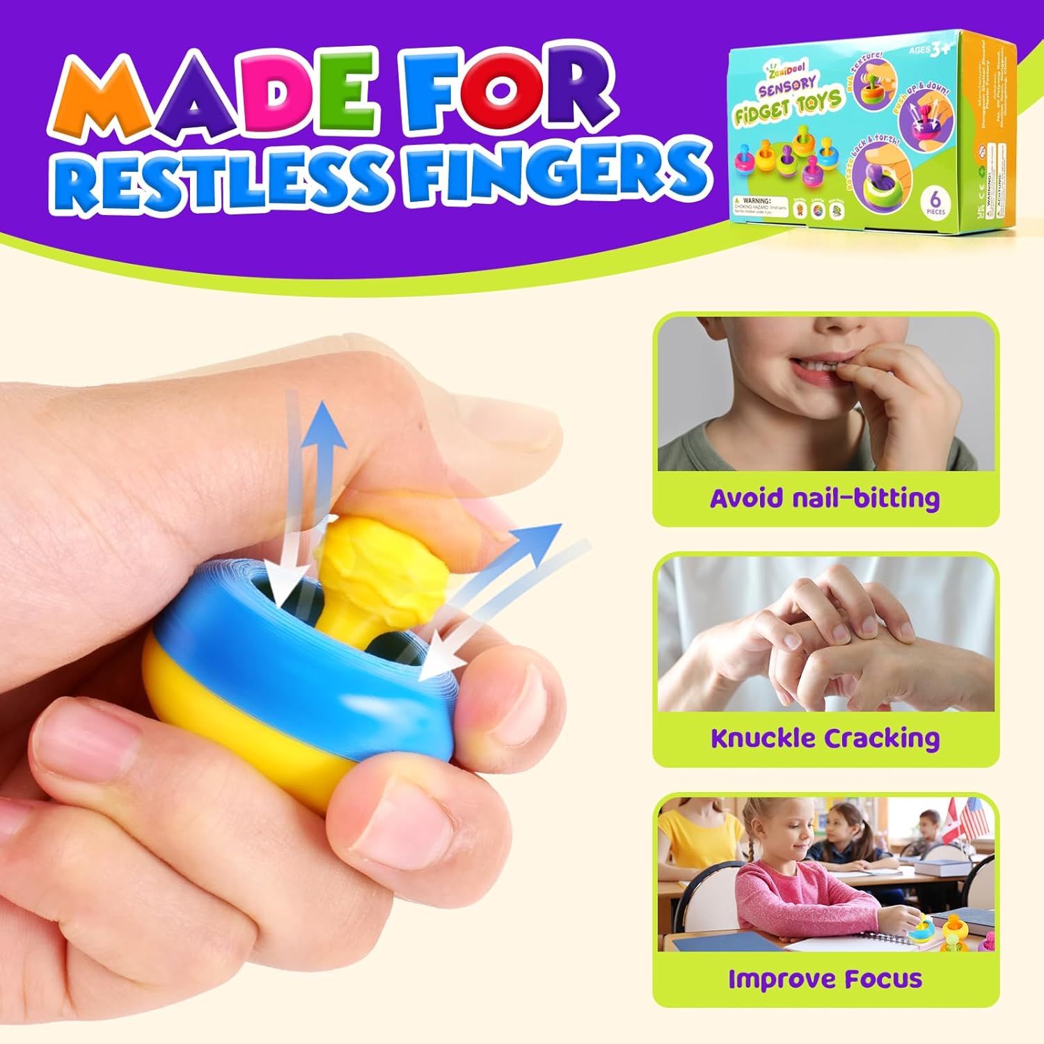 Sensory Fidget Toys for Kids Adults - 6 Pack 3D Printed Textured Fidget Toy for Students Classroom - Calming Autism Stress Toys for Special Needs Autistic Children - Calm Down Toy for Toddler 3+ - Image 4