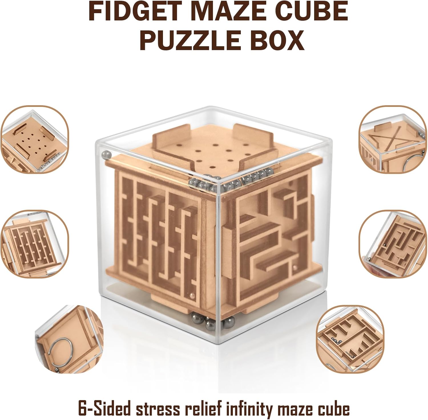 Fidget Puzzle Cube for Kids and Adults - 6-Sided Wooden Puzzle Game Fidget Toy for Anxiety Relief - Handheld Maze Cube for Travel - 3D Brain Teaser Magic Cube for ADHD Autism Kids & Teenage - Image 5