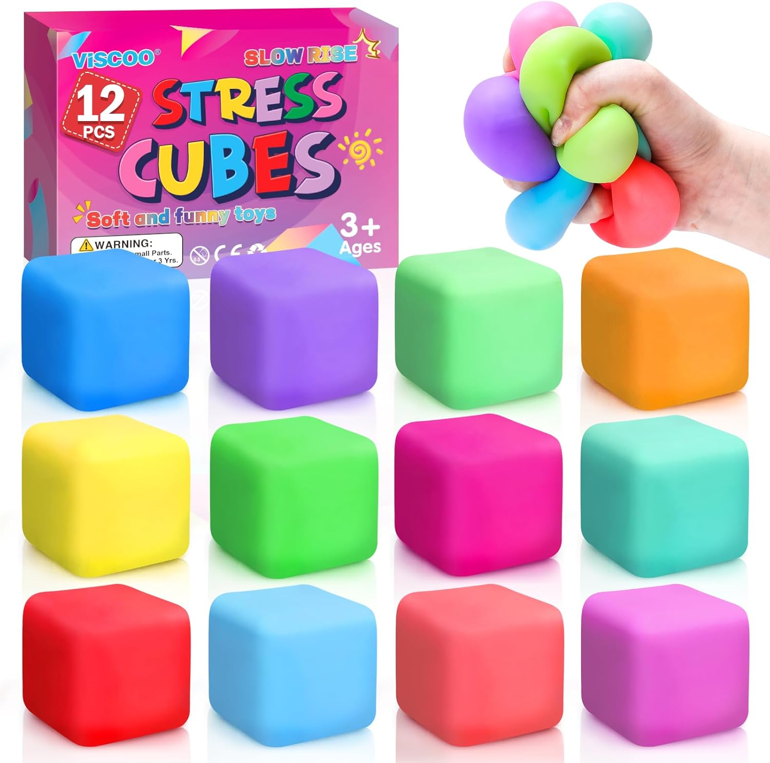 12 Pack Slow Rising Stress Cube, Dough Stress Balls Squishy Fidget Toys for Anxiety Relief, Soft Fidget Cube, Pull Stretch Squishy Toys for Classroom Prize, Party Favors for Kids Adults - Image 2
