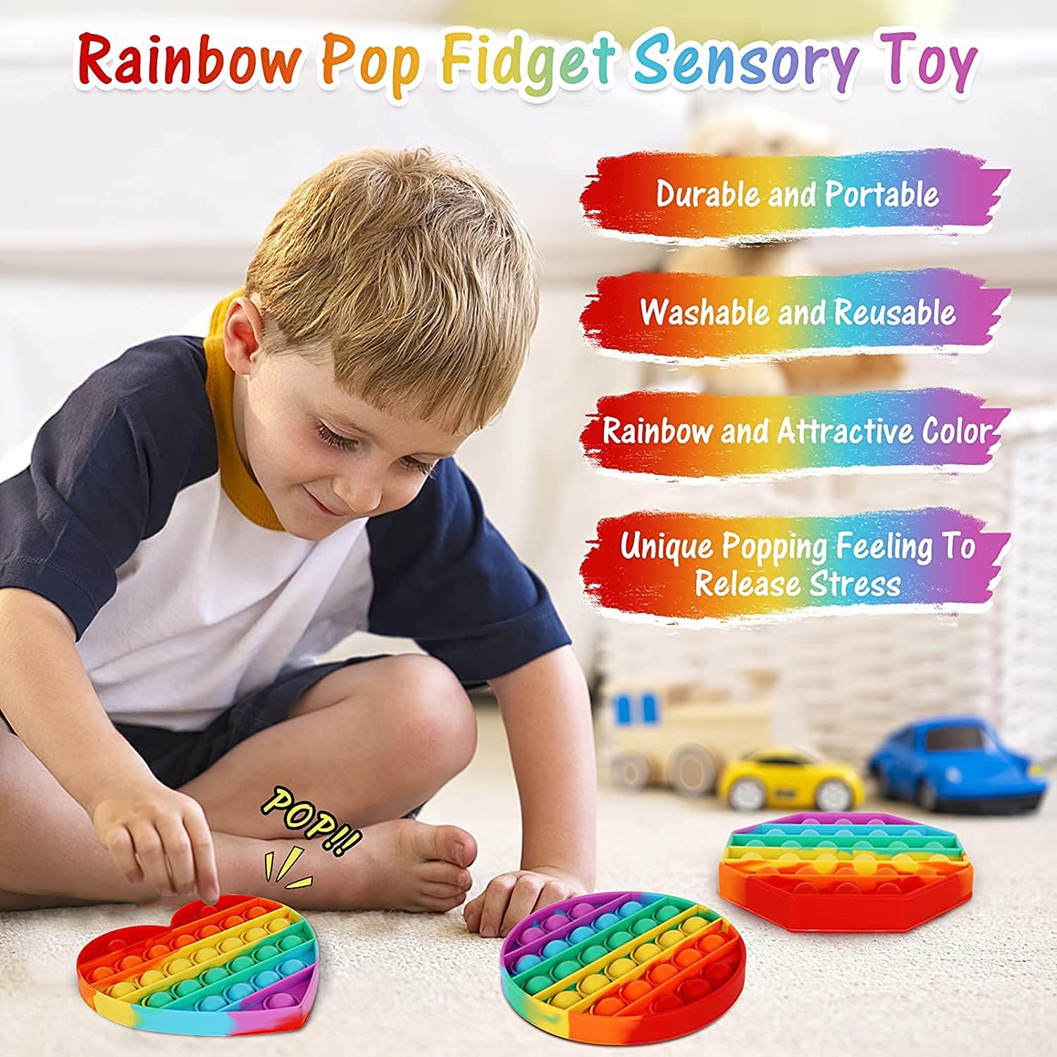 Multipurpose 4 Pack Rainbow Pop it Fidget Toy, Bubble Sensory Toy for Kids and Adults, Stress Reliever, 4 Shapes Poppers-Heart, Circle, Octagon, Square Pressure Relieving - Image 10