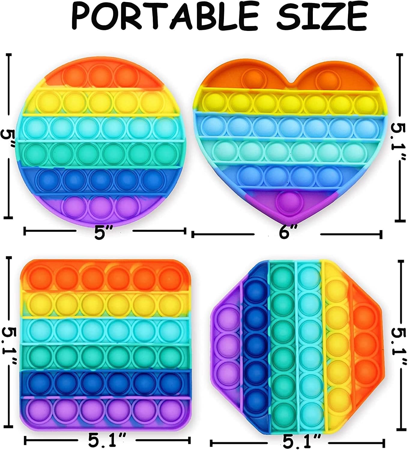 Multipurpose 4 Pack Rainbow Pop it Fidget Toy, Bubble Sensory Toy for Kids and Adults, Stress Reliever, 4 Shapes Poppers-Heart, Circle, Octagon, Square Pressure Relieving - Image 6