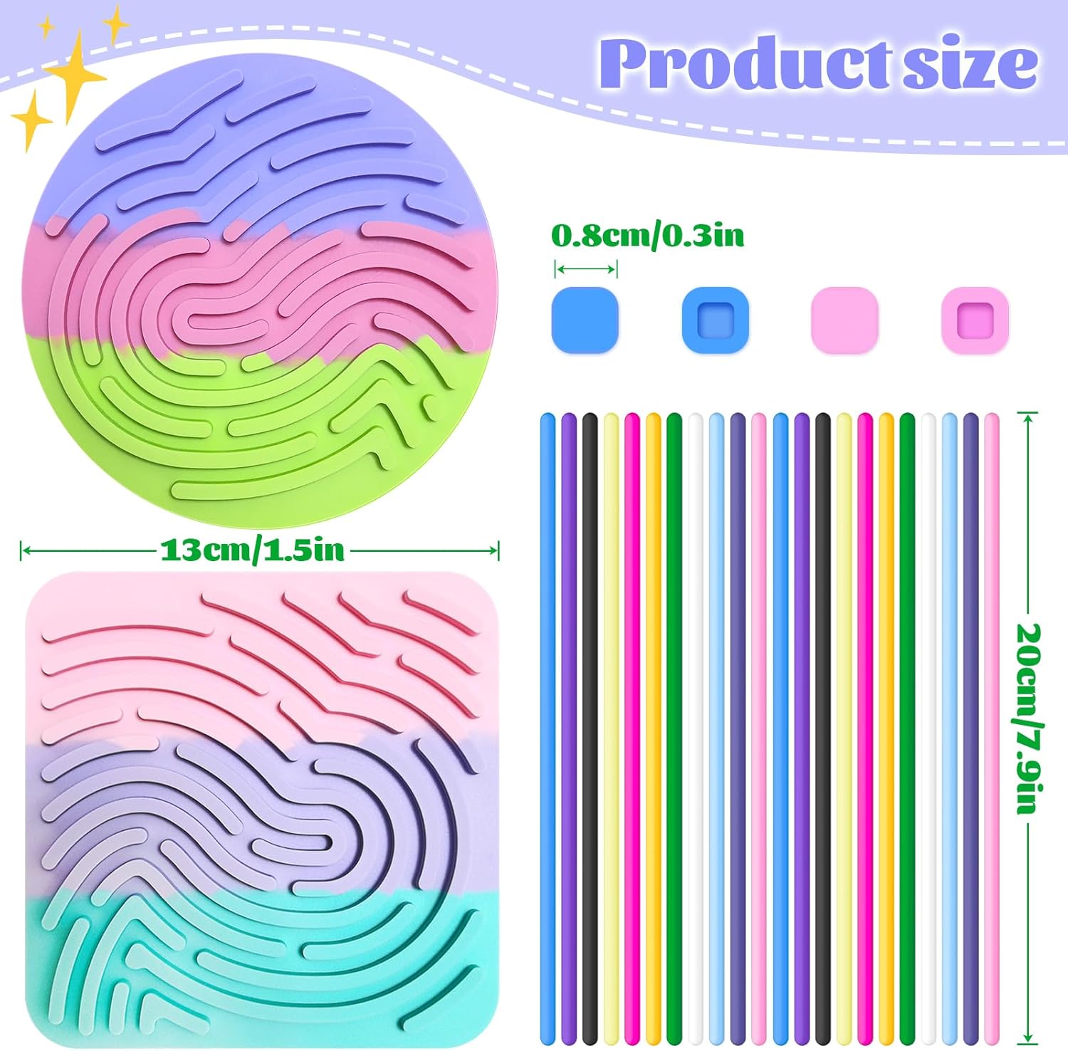 Sensory Activity Board for Kids, 2 Pack Silicone Fidget Toy Square+Round, Calm Down Toy for Stress Anxiety Autism ADHD, Xmas Birthday New Year Gifts for Kids 3+ with 22 Strings 50 Buttons - Image 5