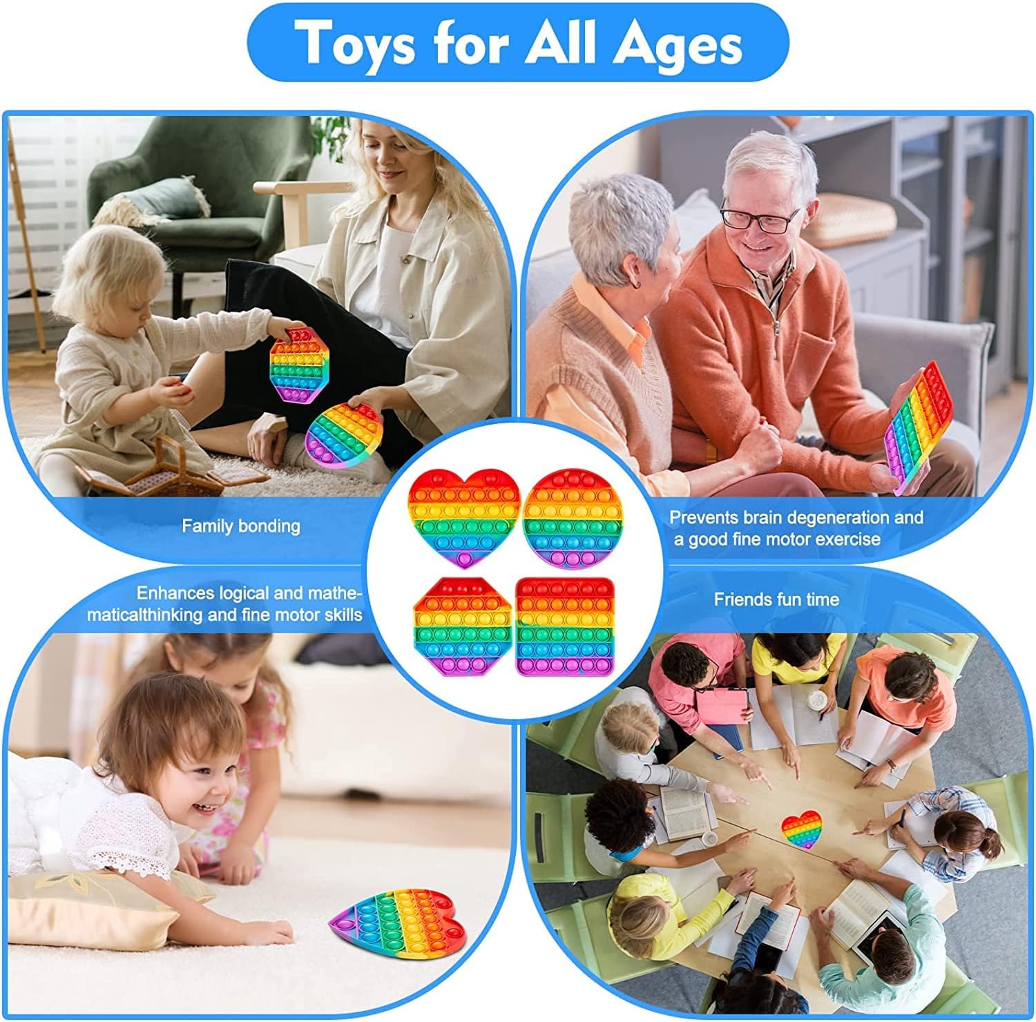 Multipurpose 4 Pack Rainbow Pop it Fidget Toy, Bubble Sensory Toy for Kids and Adults, Stress Reliever, 4 Shapes Poppers-Heart, Circle, Octagon, Square Pressure Relieving - Image 8