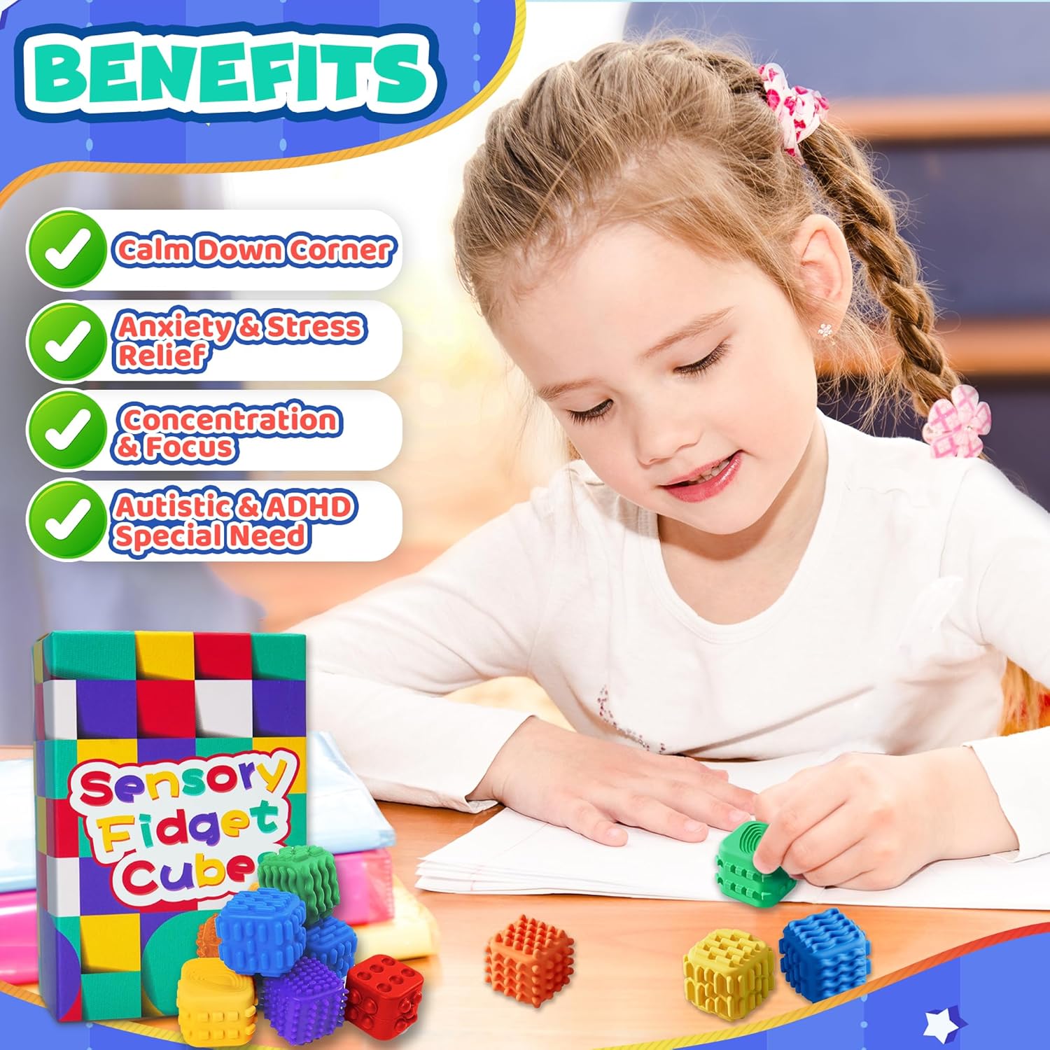 Fidget Cube Toys for Kids Adults Textured Silicone Sensory Worry Stones Quiet Fidgets Cubes for Autism ADHD Teen Silent Office Stress Toy Mini Desk Toys for Calm Down Anxiety Relief Gift for Classroom - Image 6