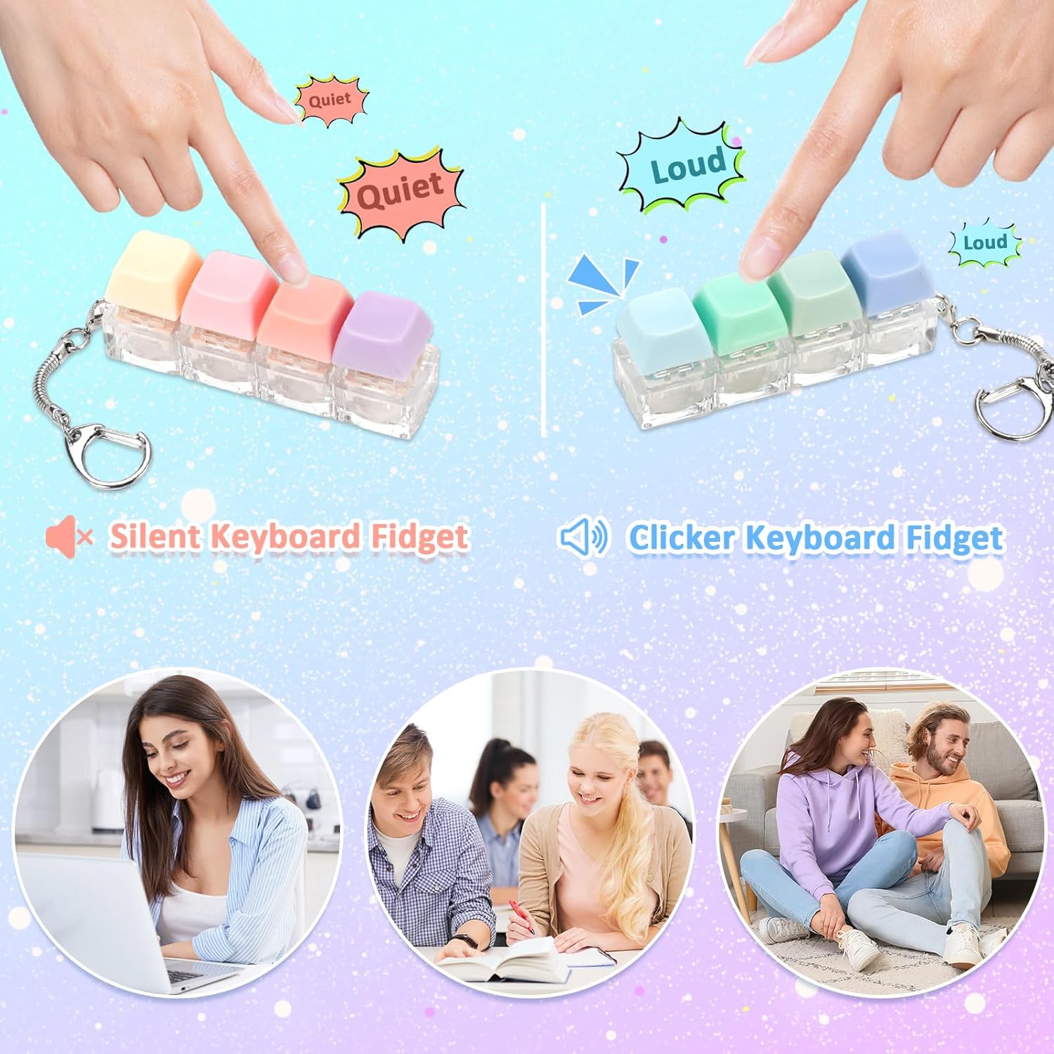 Keyboard Fidget Toy, 2 PCS Fidget Keyboard Silent Fidget Toys Clicker Fidget Keychain Fidgets for Adults Stress Relief Anxiety Sensory Fidget Toys Silent Loud Keyboard Fidget Clicker - Image 3