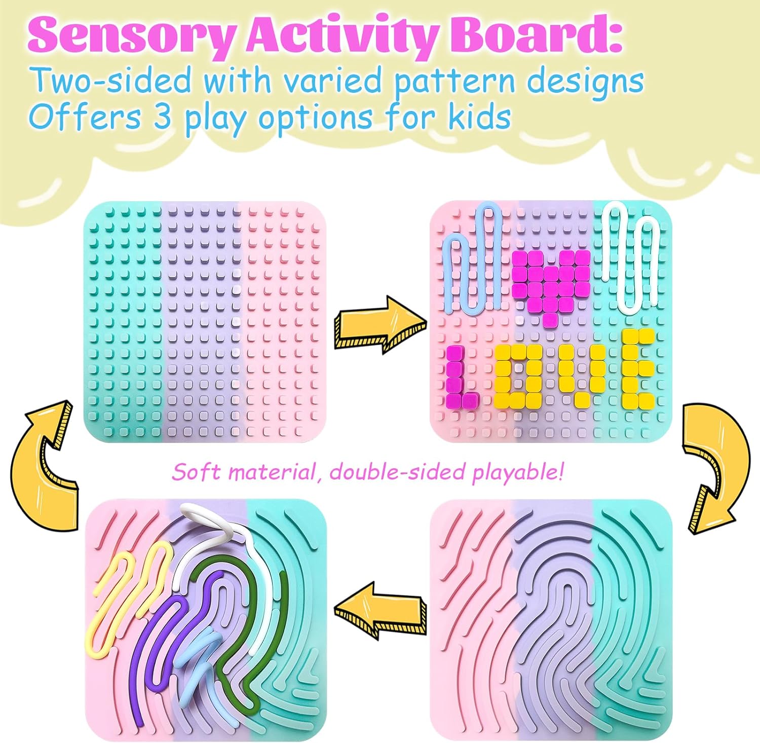 Sensory Activity Board for Kids, 2 Pack Silicone Fidget Toy Square+Round, Calm Down Toy for Stress Anxiety Autism ADHD, Xmas Birthday New Year Gifts for Kids 3+ with 22 Strings 50 Buttons - Image 7