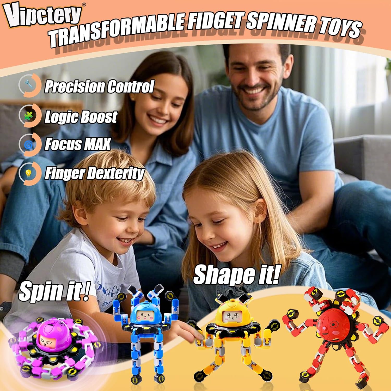 4Pcs Transformable Fidget Spinners for Kids Fidget Toys Teens Adults Sensory Toys with Autism ADHD Stocking Stuffers Bulk Gifts for Boys Girls Party Favors Travel Activities - Image 3