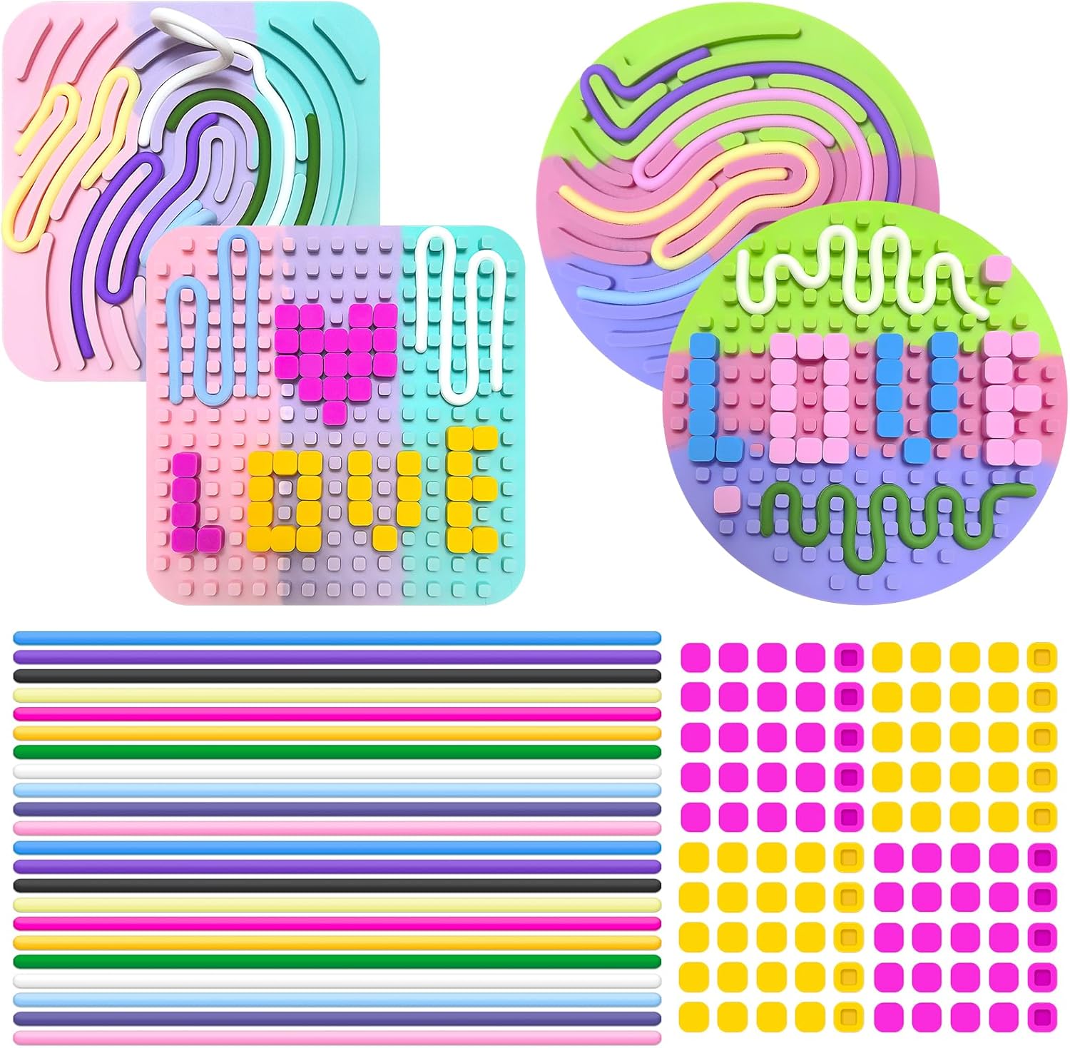 Sensory Activity Board for Kids, 2 Pack Silicone Fidget Toy Square+Round, Calm Down Toy for Stress Anxiety Autism ADHD, Xmas Birthday New Year Gifts for Kids 3+ with 22 Strings 50 Buttons - Image 2