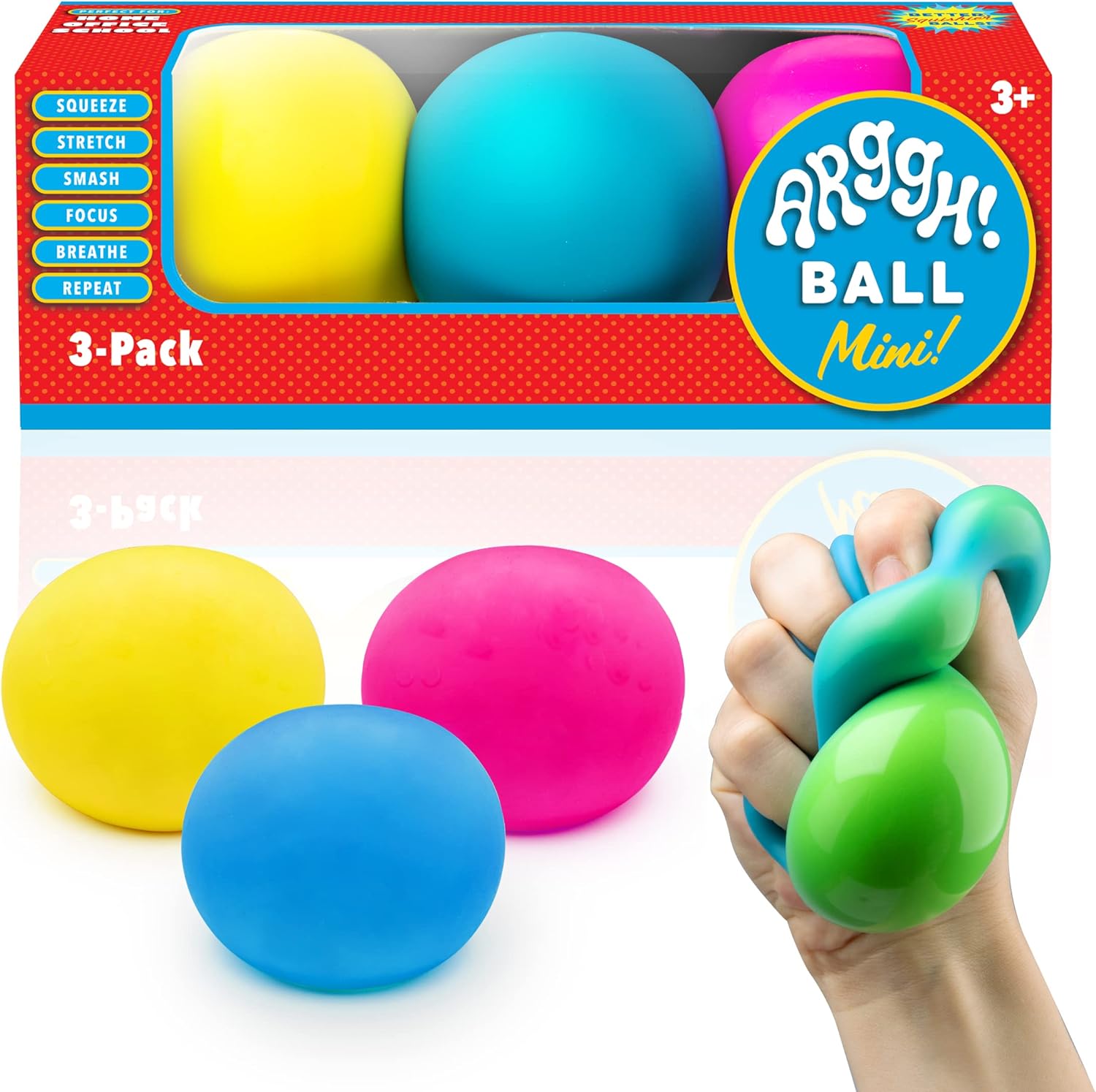 Power Your Fun Arggh Mini Stress Balls for Adults and Kids - 3pk Squishy Stress Balls, Color Changing Resistance Fidget Toys, Sensory Stress Relief Squeeze Toys Squishy Toy (Yellow, Pink, Blue) - Image 2