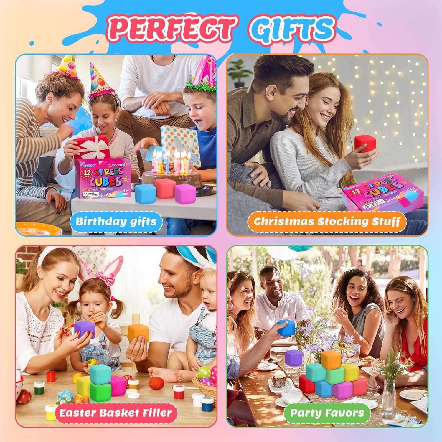 12 Pack Slow Rising Stress Cube, Dough Stress Balls Squishy Fidget Toys for Anxiety Relief, Soft Fidget Cube, Pull Stretch Squishy Toys for Classroom Prize, Party Favors for Kids Adults - Image 9