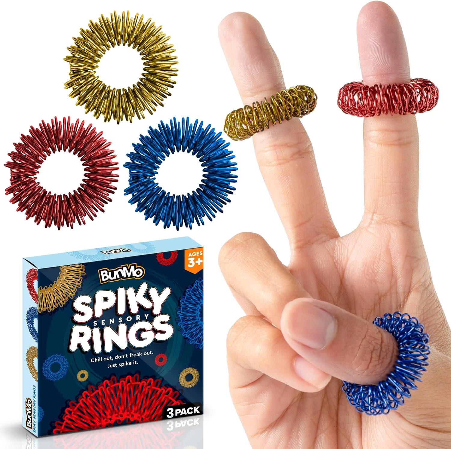 BunMo Spiky Sensory Fidget Rings for Adults & Teens | 3-Pack Fidgets for Adults in Vibrant Colors | Lightweight Picking Fidget | Perfect Sensory Fidget Toy for Adults and Teens 14+ - Image 2
