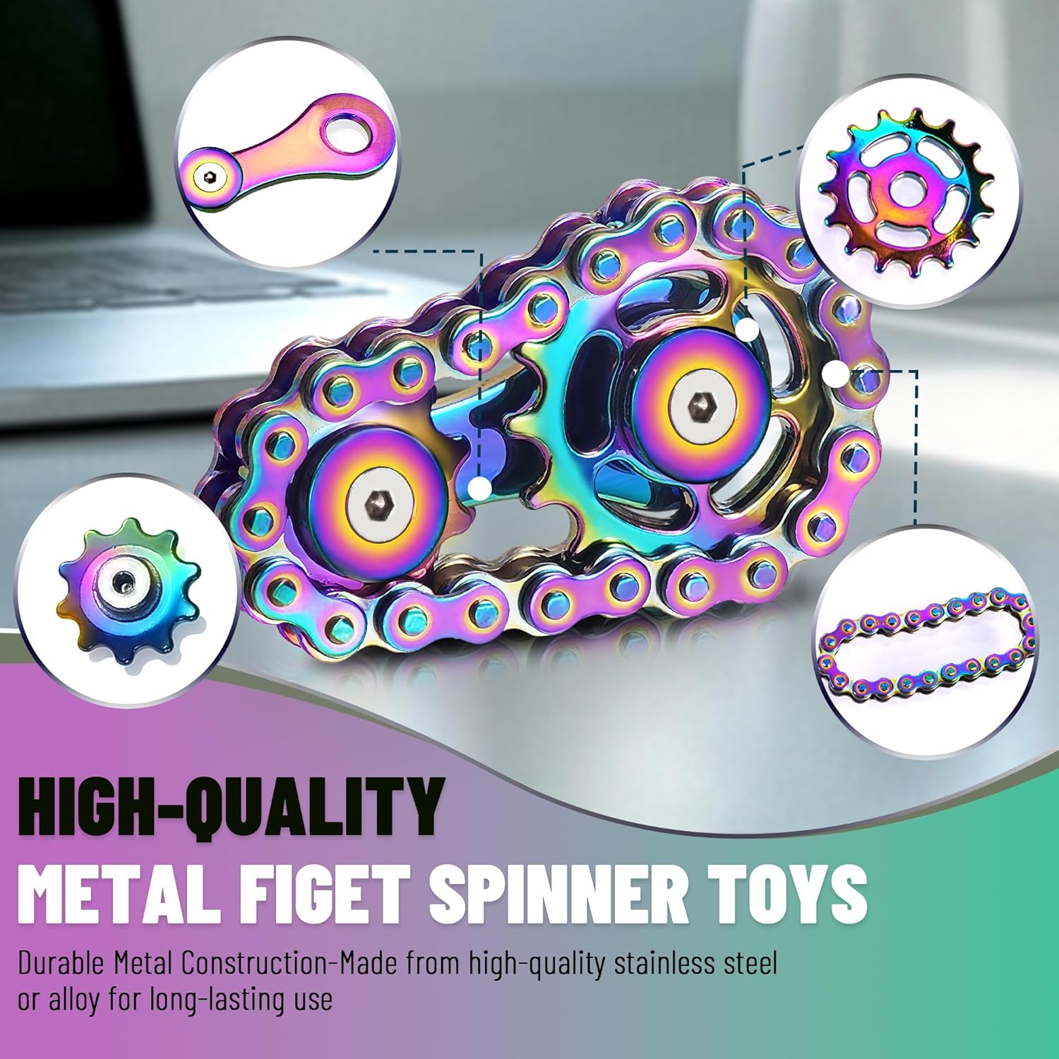 Metal Fidget Spinner Toys for Adults Figette Bike Chain Roller for Teens Cool Gadgets ADHD Anti Anxiety Stress Relief Items Figet Autism Desk Offices EDC Sensory Gift for Boy Men - Image 4
