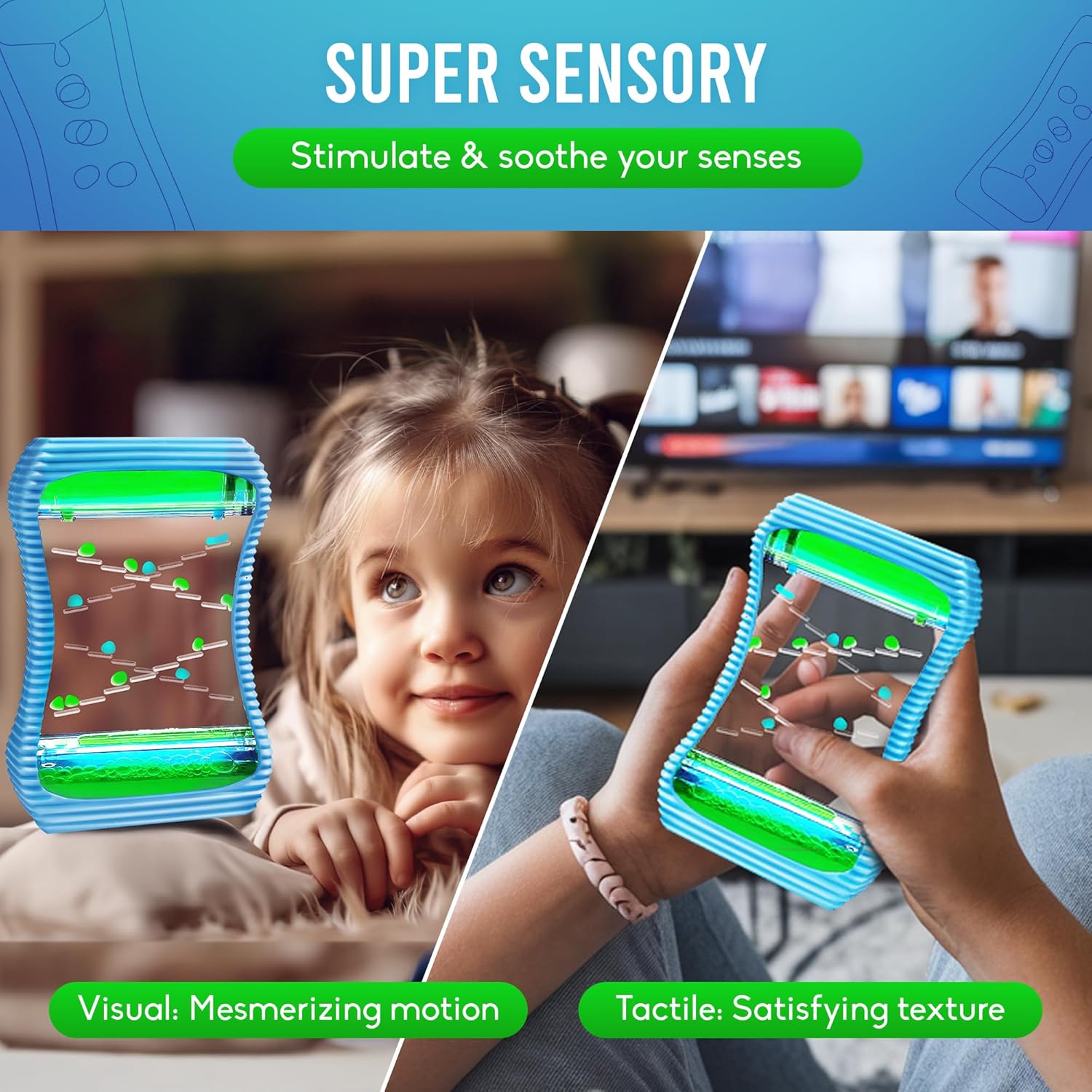 BUNMO Sensory Toys Liquid Motion Bubbler - Calming Fidget Toy for Kids & Adults - Sensory Bottles - Textured Silicone Bubble Timer with Mesmerizing Liquid Flow - Large Blue - Image 3
