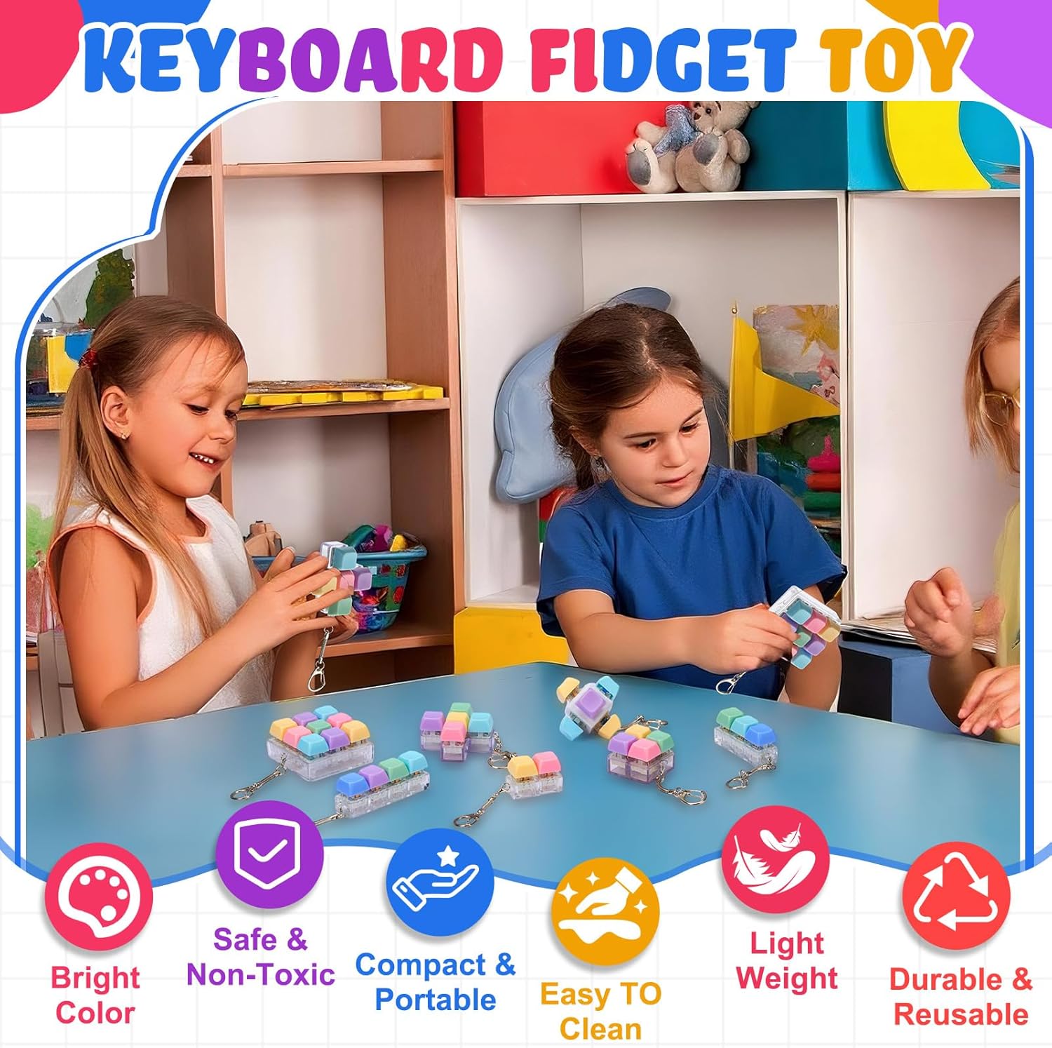 12 Pcs Decompression Toys Keyboard Clicker Toy Fidget Keyboard Keychain Button Stress Relief Gifts for Adults and Kids Office Pass Time(Classic) - Image 7
