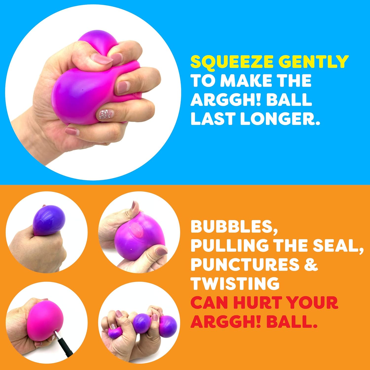 Power Your Fun Arggh Mini Stress Balls for Adults and Kids - 3pk Squishy Stress Balls, Color Changing Resistance Fidget Toys, Sensory Stress Relief Squeeze Toys Squishy Toy (Yellow, Pink, Blue) - Image 7