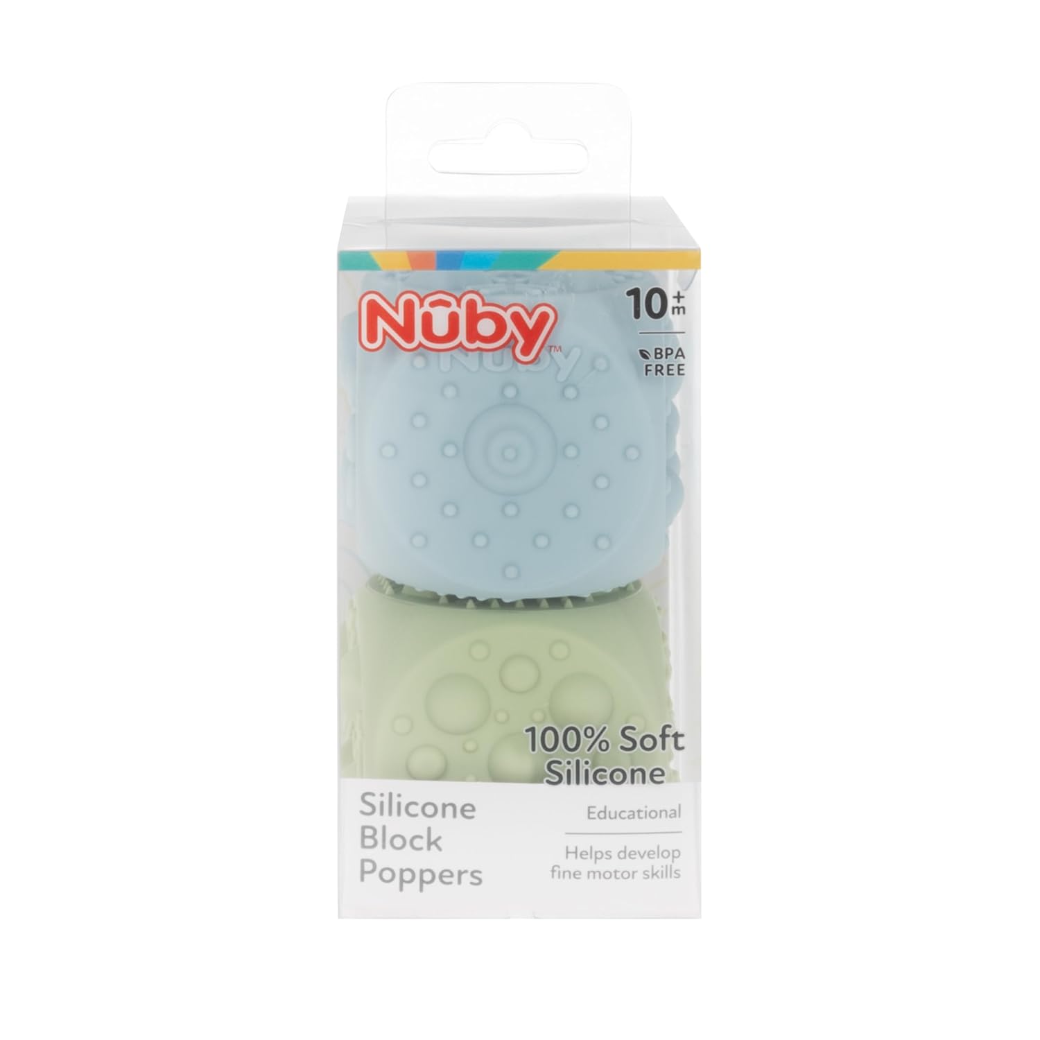 Nuby Silicone Block Poppers - (2-Pack) Interactive Baby Block Toy for Babies 10+ Months - Blue and Green - Image 7