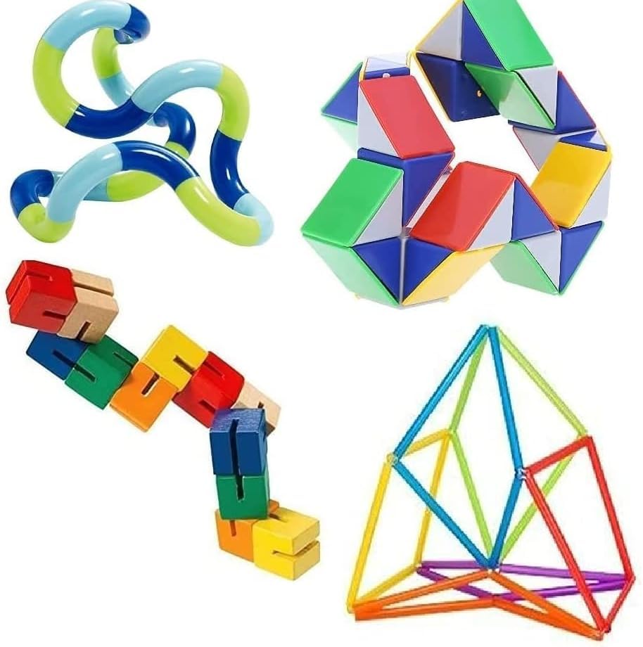 Fidget Stress Reliever Brain Teaser Dexterity Decompression 4 Pack Including a Genuine Tangle® Twister Toy Wooden Fidget Cubes and Snake Cube Puzzle and Polygonzo Geo Twister Shapeshifter - Image 2