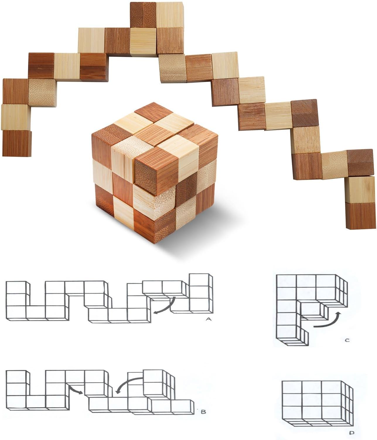 4 Pack Wooden Puzzle Games Brain Teasers Toy- 3D Puzzles for Teens and Adults - Wooden Logic Puzzle Wood Snake Cube Magic Cube Magic Ball Brain Teaser Intellectual Removing Assembling Toy - Image 4