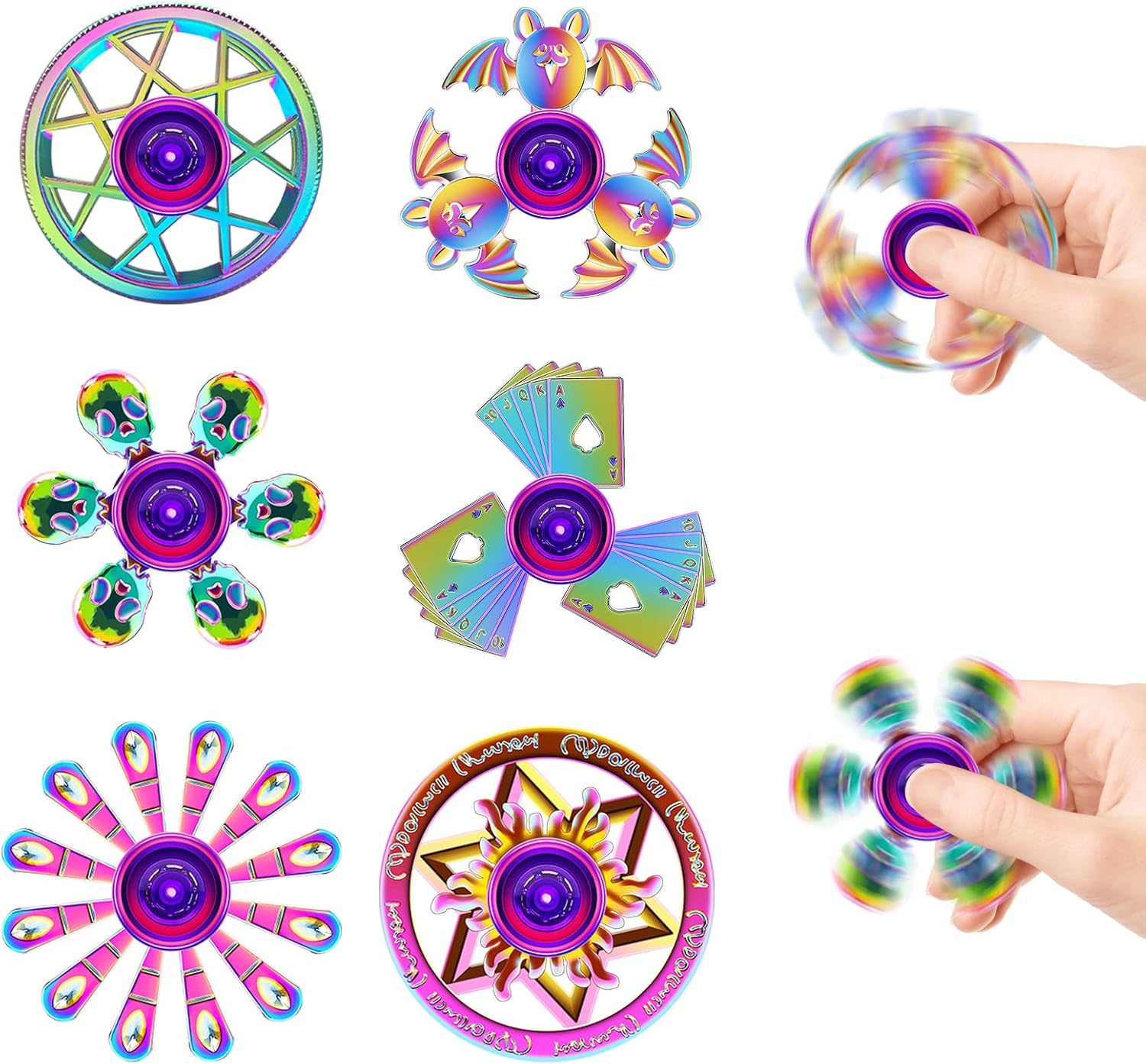 6-Pack Metal Fidget Spinner Toys for Kids and Adults – Durable Rainbow Finger Toys for Focus, Stress Relief, ADHD & Anxiety – Premium Hand Spinners with Unique Designs – Great Party Favors & Gifts - Image 2