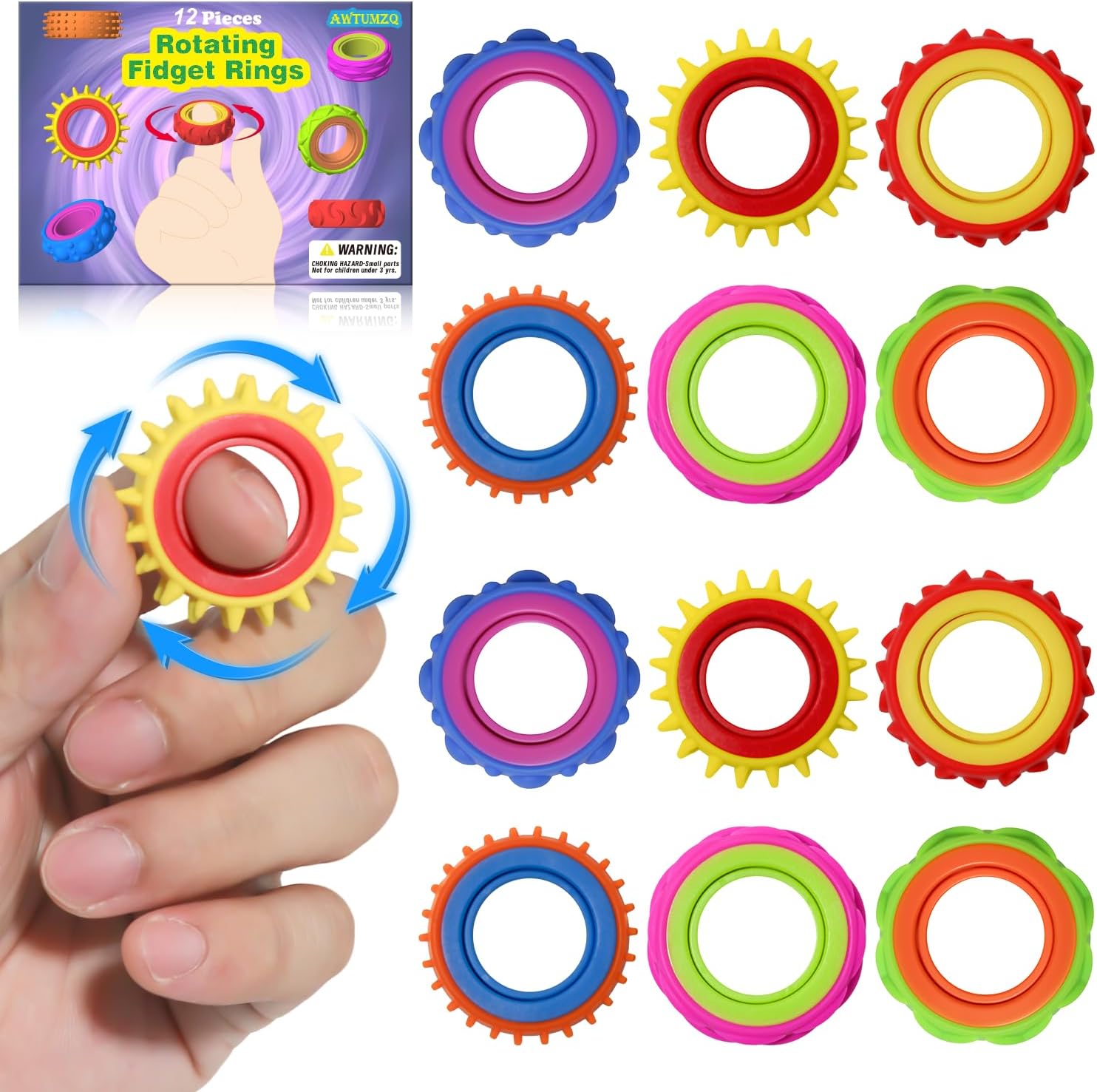 12 Pack Fidget Toys Adults Sensory Rings,Quiet Anxiety Fidgets for Classroom,Pain Stim Little Ouchies Stress Relief Sensory Toys for Kids ADHD - Image 2