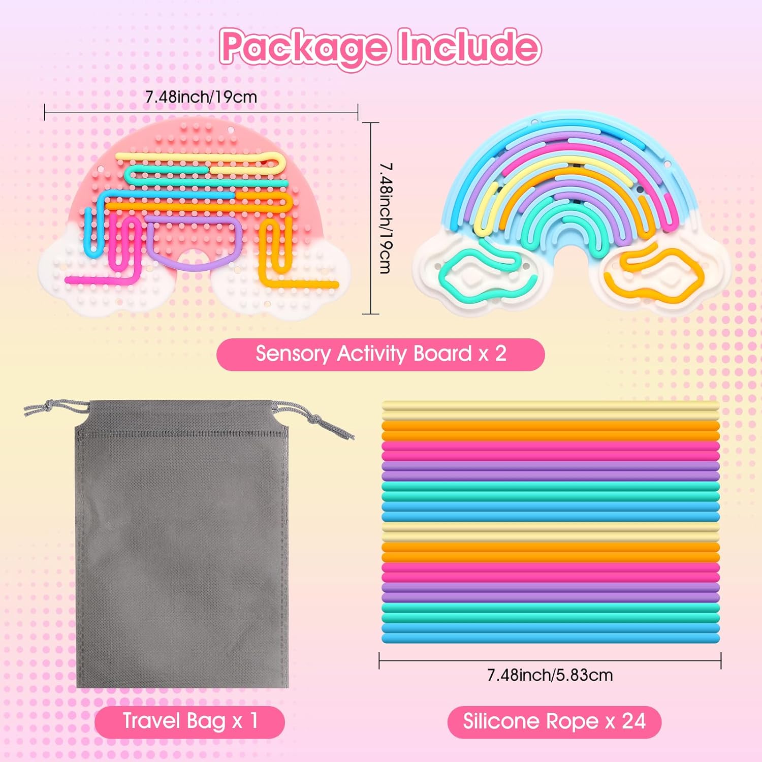 2pcs Fidget Toys Sensory Activity Board, Silicone Sensory Toys for Anxiety Autistic ADHD Calming, Kids 3+ & Adults, Travel Bag & 24 Strings, Rainbow (Pink & Blue) - Image 7