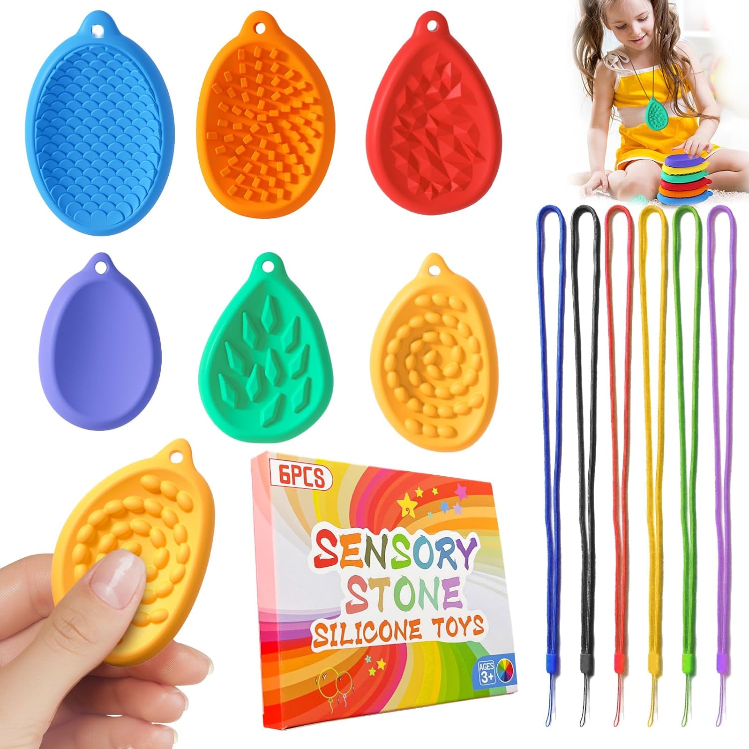 Worry Stones for Kids with Lanyard, 6 Pack Textured Soft Sensory Stone for Autism Kids Calming Finger Fidget Toys for Classroom Prize Stocking Stuffers - Image 2