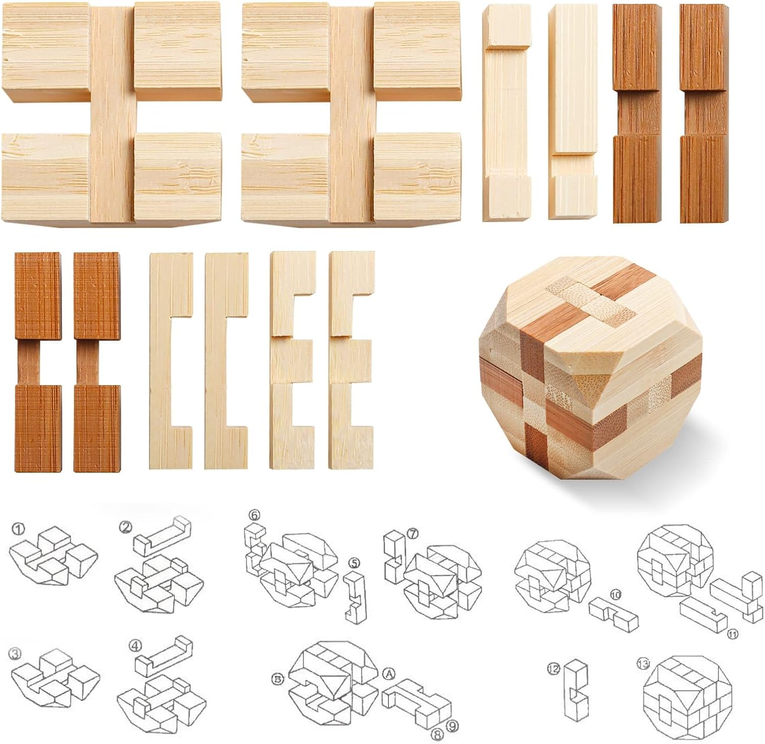 4 Pack Wooden Puzzle Games Brain Teasers Toy- 3D Puzzles for Teens and Adults - Wooden Logic Puzzle Wood Snake Cube Magic Cube Magic Ball Brain Teaser Intellectual Removing Assembling Toy - Image 7