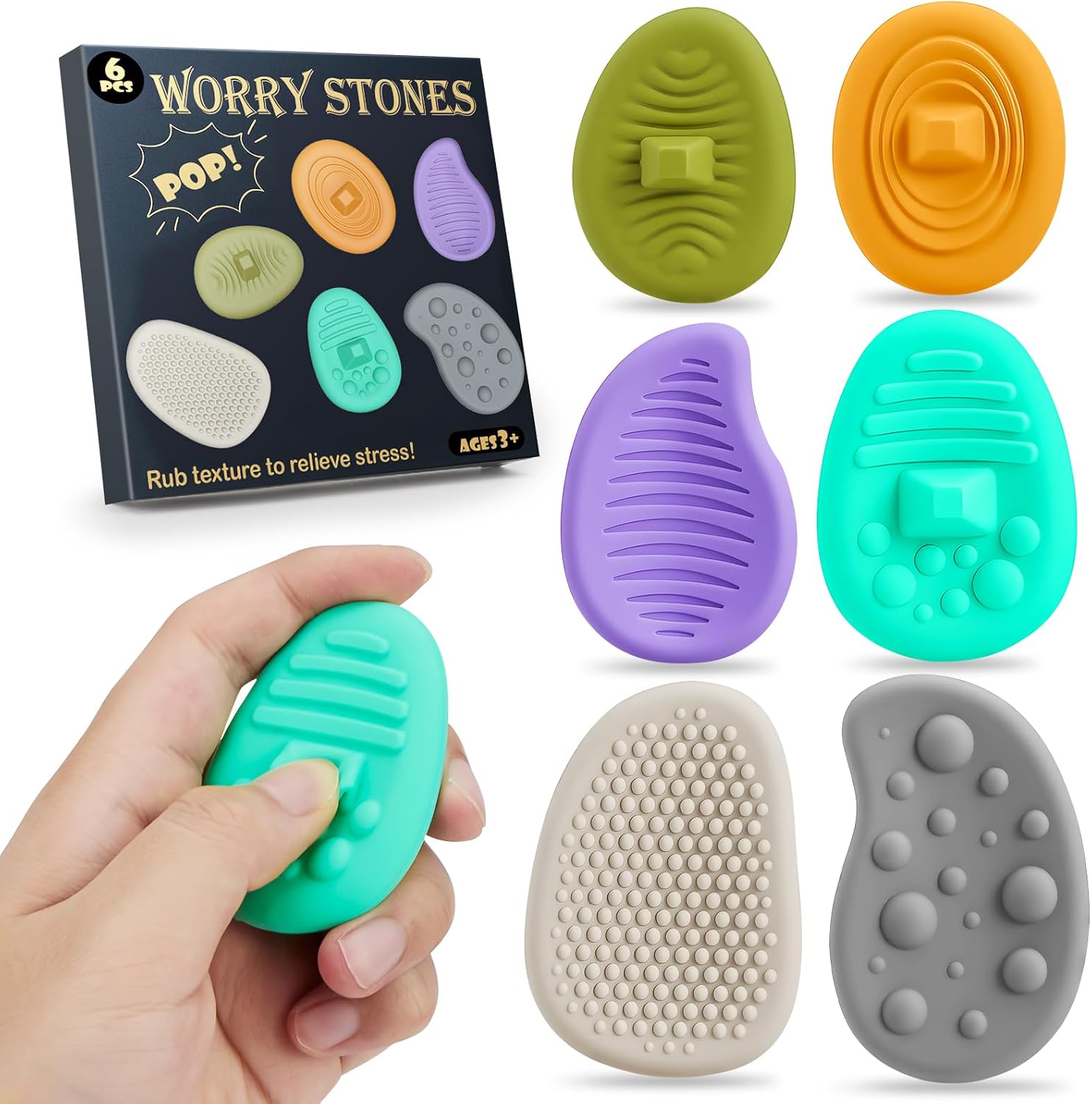 Fidget Toys Worry Stones for Anxiety:6 Pack Sensory Toys for Stress-Silent Fidget Stones-Autism Special Needs Stress Relief Silicone Pressure Relieving-Classroom Prizes-Pop it Party Favors for Kids - Image 2