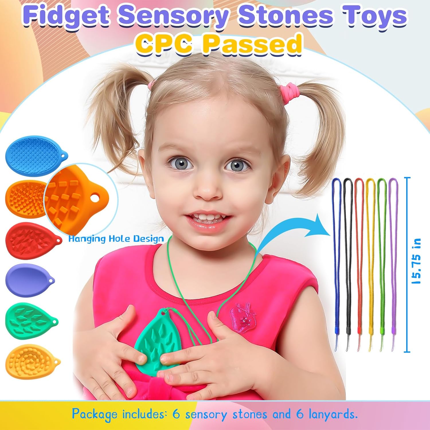 Worry Stones for Kids with Lanyard, 6 Pack Textured Soft Sensory Stone for Autism Kids Calming Finger Fidget Toys for Classroom Prize Stocking Stuffers - Image 3