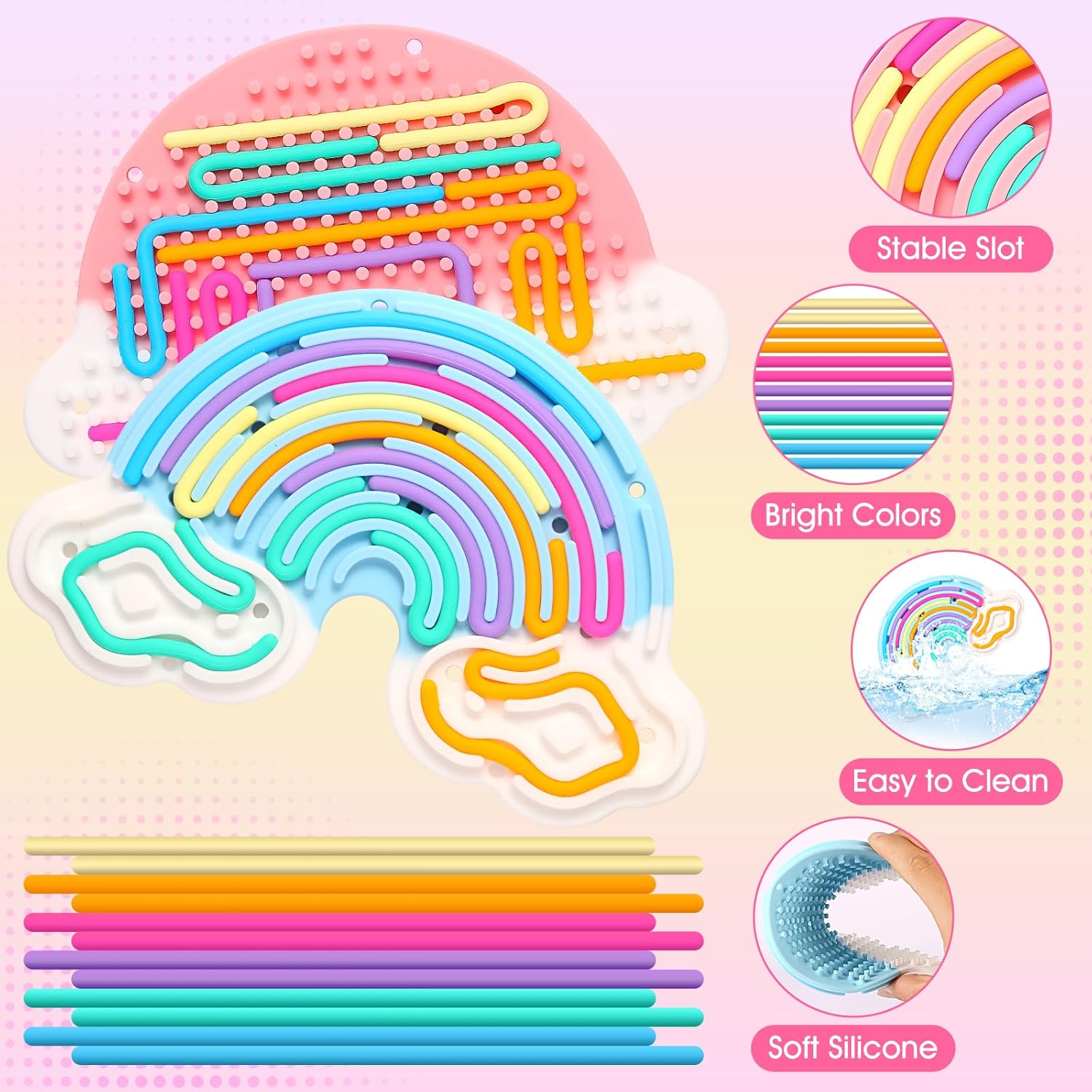 2pcs Fidget Toys Sensory Activity Board, Silicone Sensory Toys for Anxiety Autistic ADHD Calming, Kids 3+ & Adults, Travel Bag & 24 Strings, Rainbow (Pink & Blue) - Image 4